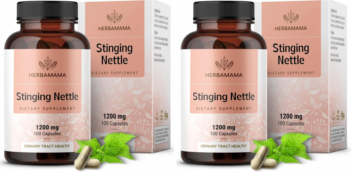 Bottle of HERBAMAMA Stinging Nettle Capsules with label visible