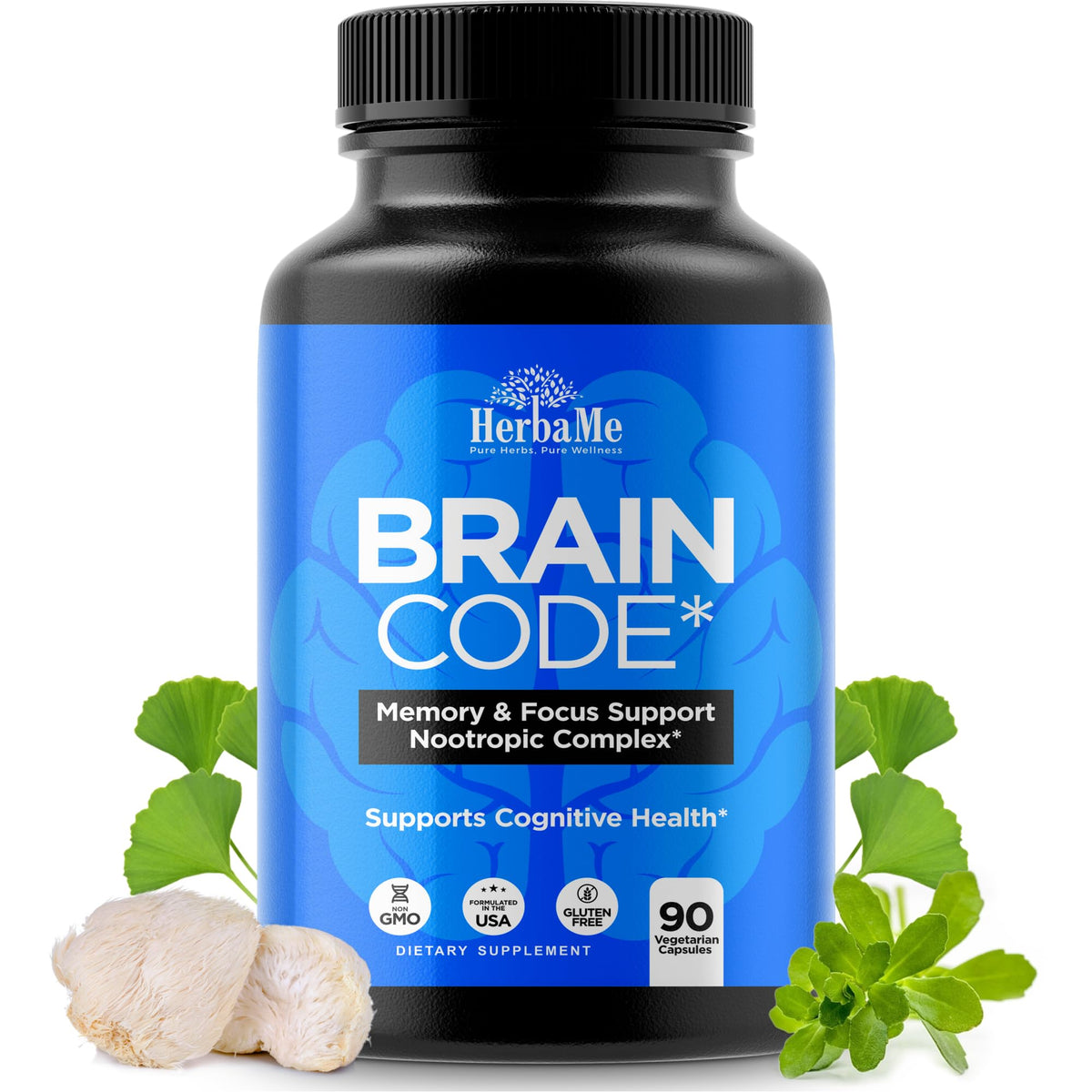 HerbaMe Brain Code Nootropic bottle with capsules