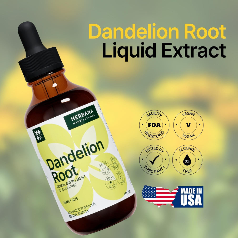 HERBANA Dandelion Root nutrition panel showcases minerals and vitamins.