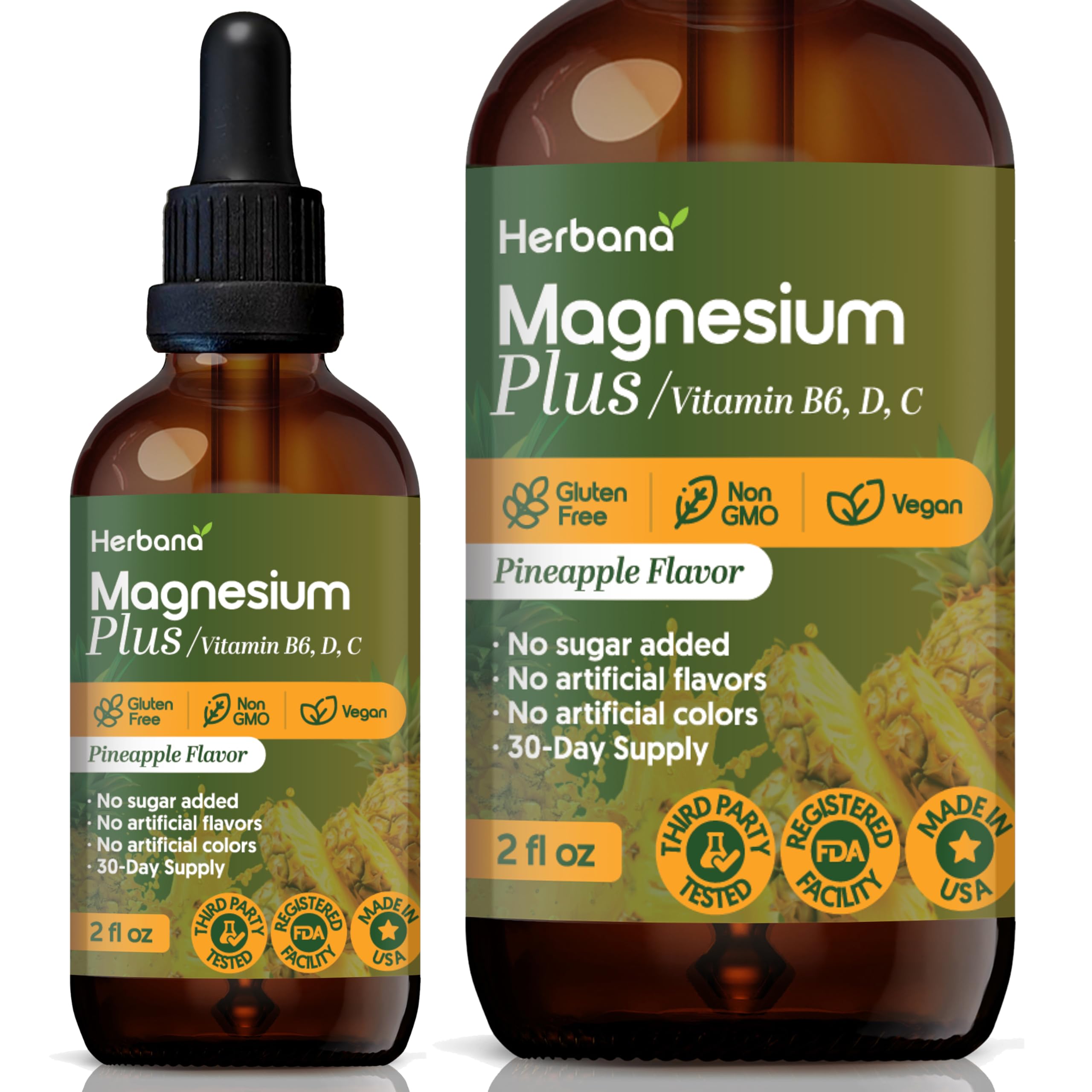 Front view of HERBANA Magnesium Drops for Kids Pineapple flavor bottle (2 fl oz).