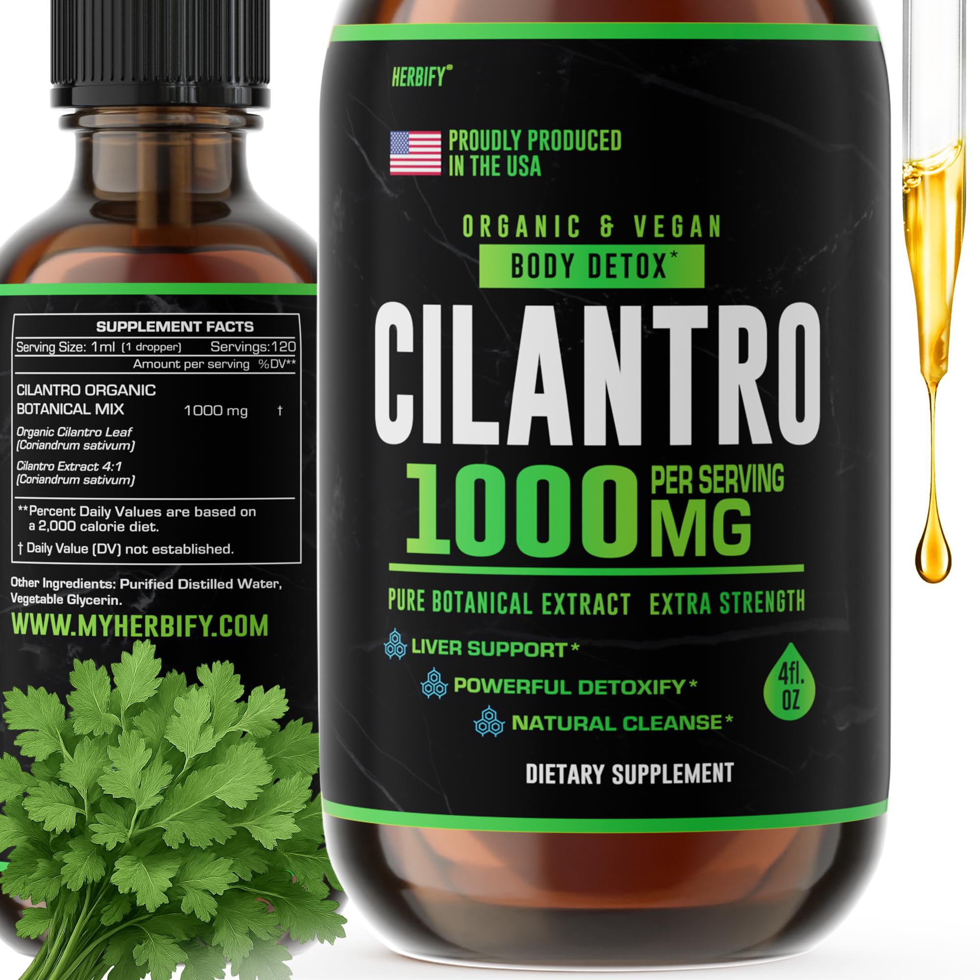 Herbify Cilantro Tincture bottle showing premium cilantro extract for daily detox