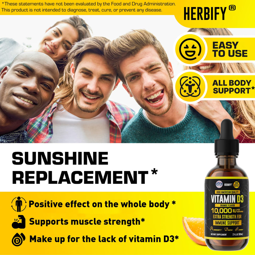 HERBIFY Vitamin D3 10000 IU liquid drops 2 oz bottle