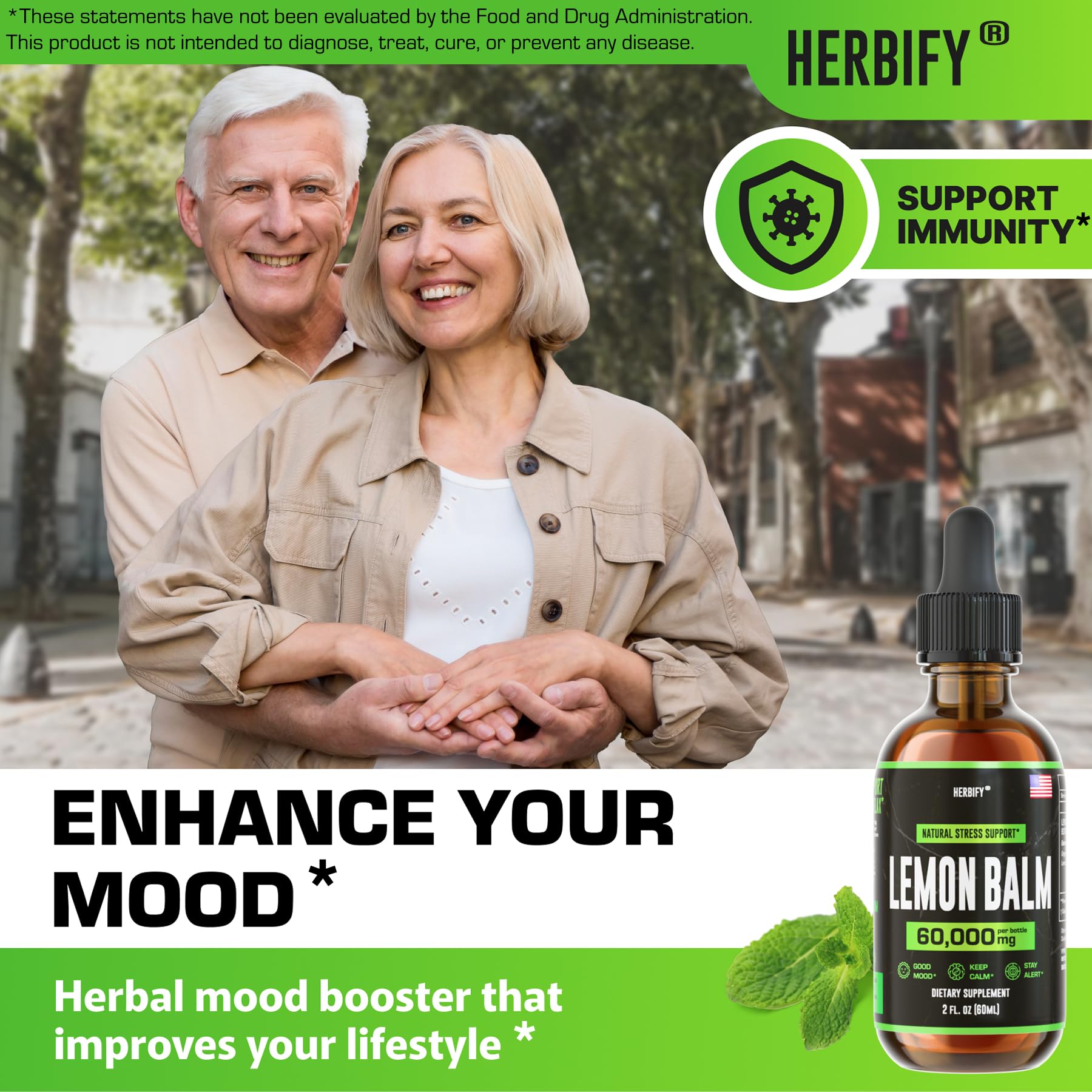 Graphic illustrating immune support and cognitive benefits of lemon balm tincture