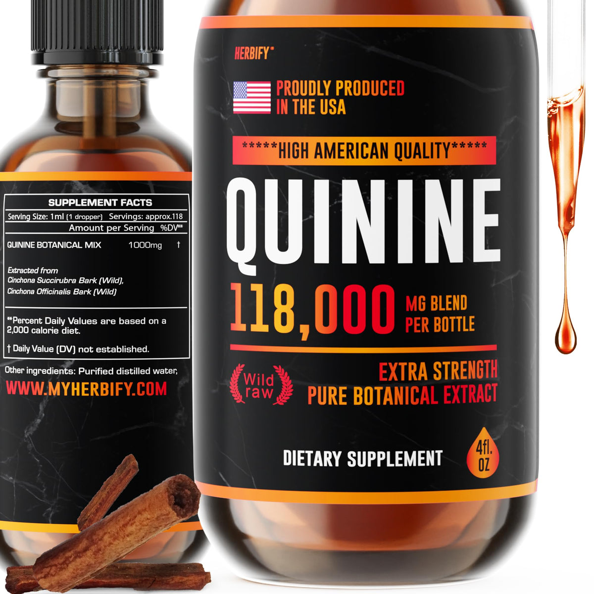 HERBIFY Quinine Tincture bottle with dropper, 4oz (120ml), US-made