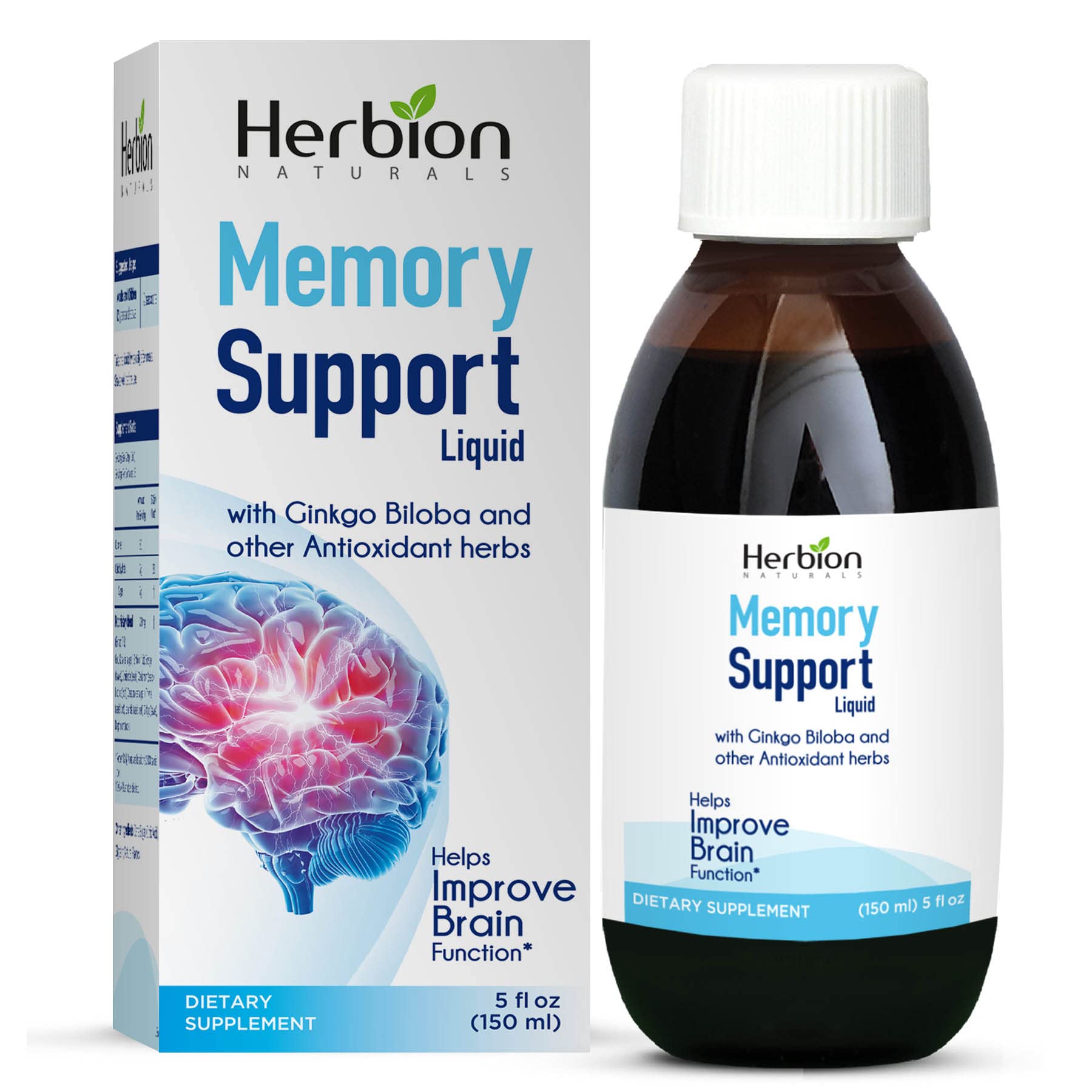 Herbion Naturals Memory Support Liquid bottle with label on white background