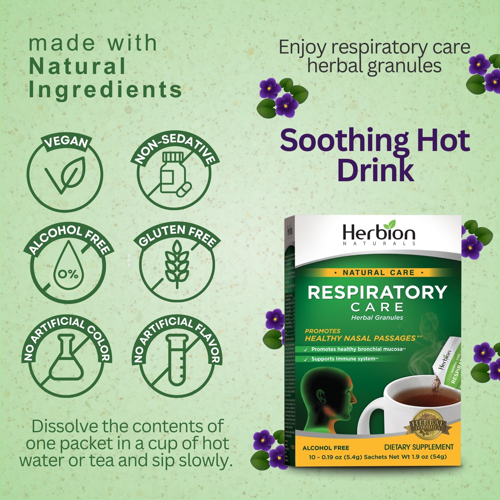Herbion Naturals granules sachet mockup emphasizing convenient on-the-go use