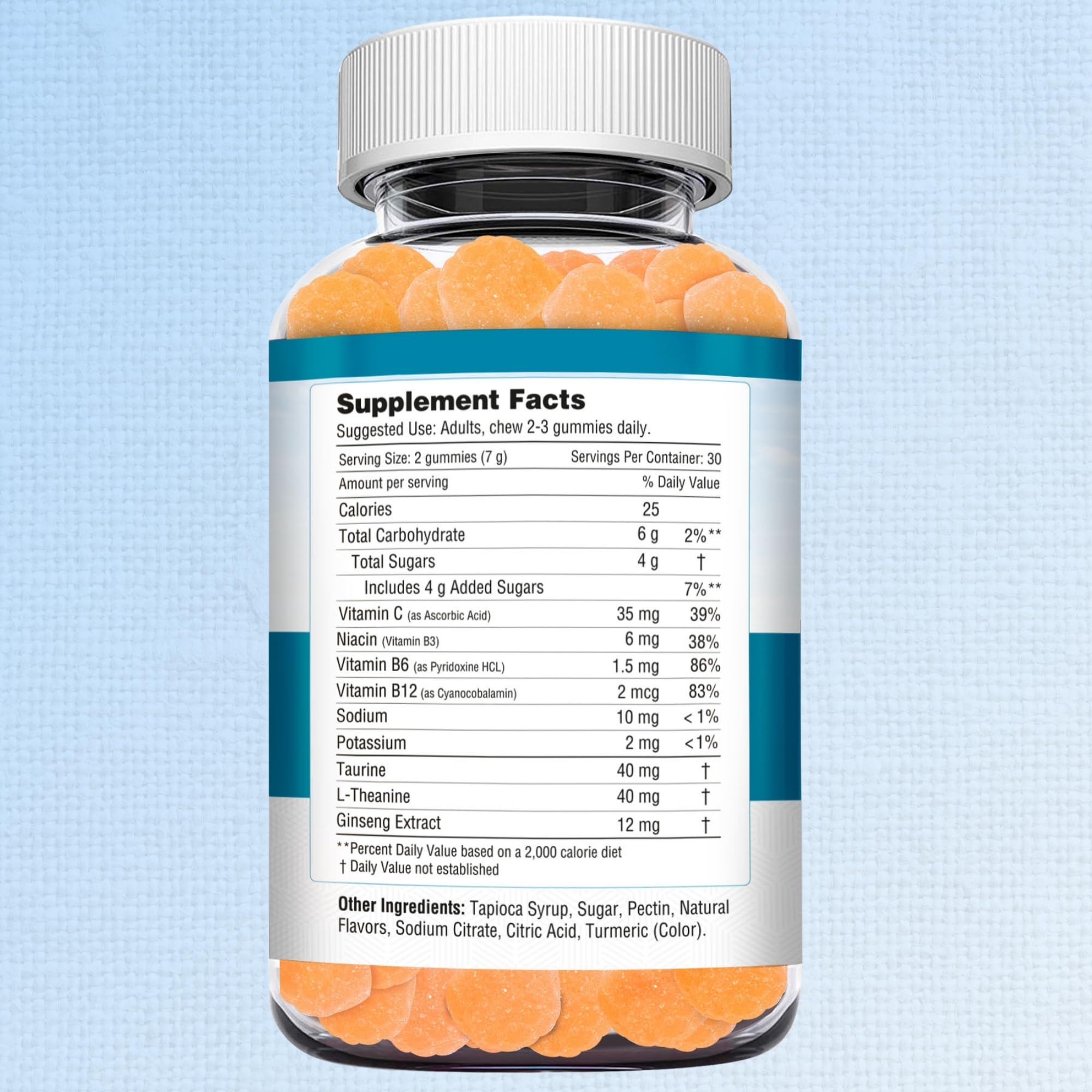 Product label showing taurine gummies nutrition and ingredients