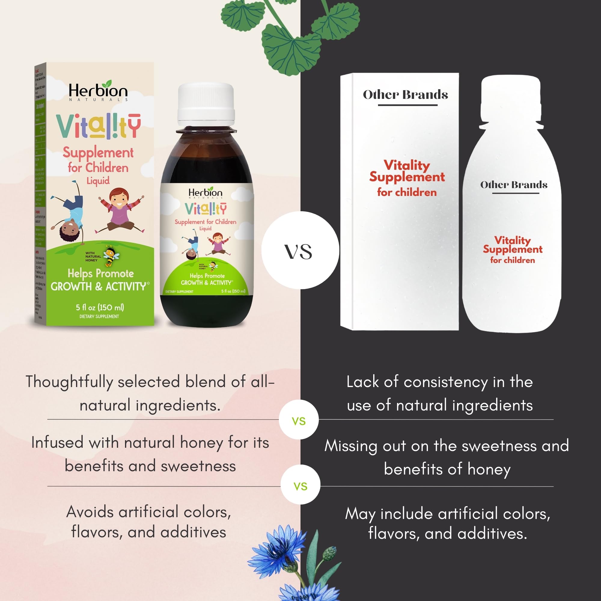 Side view of Herbion Vitality for Kids syrup bottle