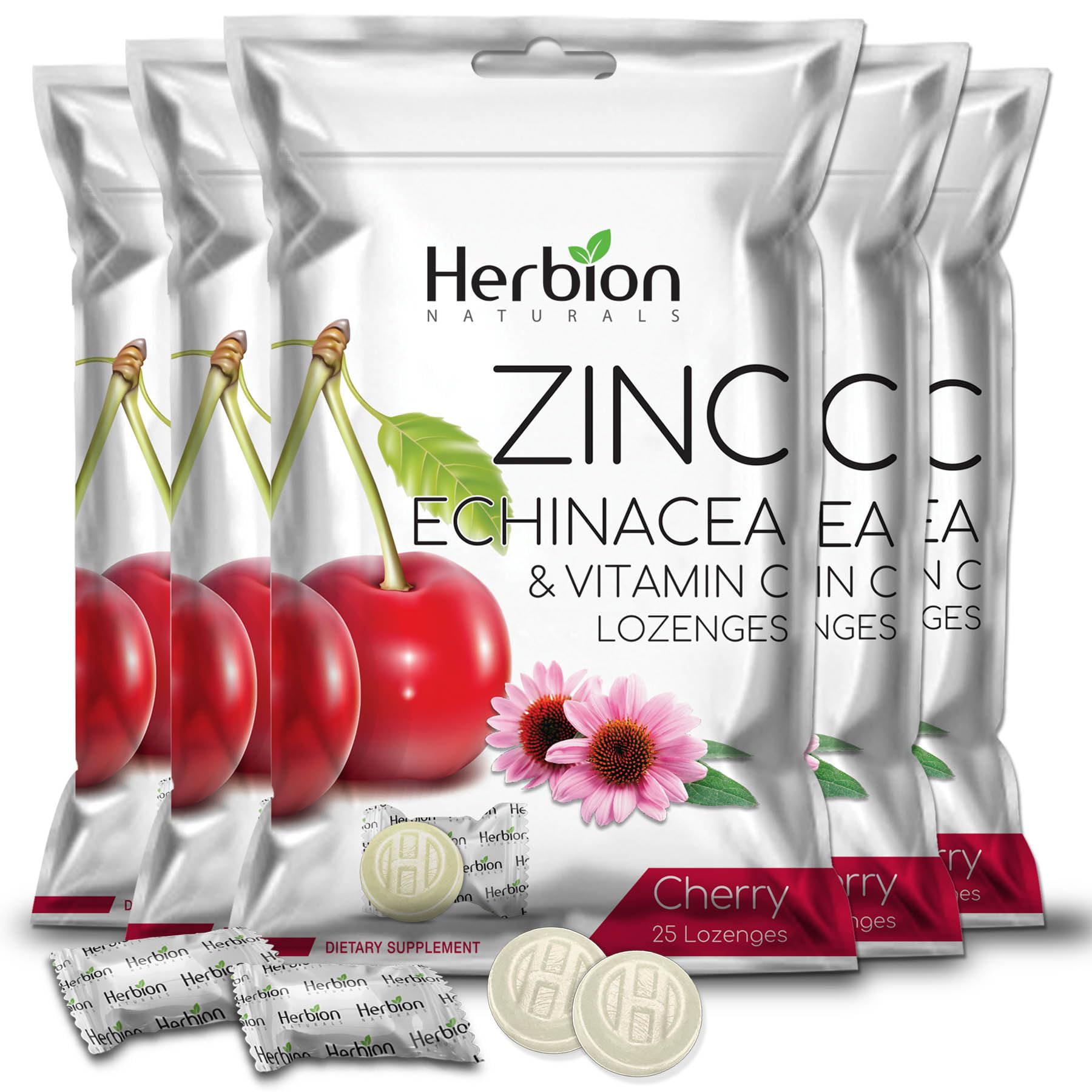 Front packaging of HERBION Naturals Zinc, Echinacea & Vitamin C Cherry Lozenges