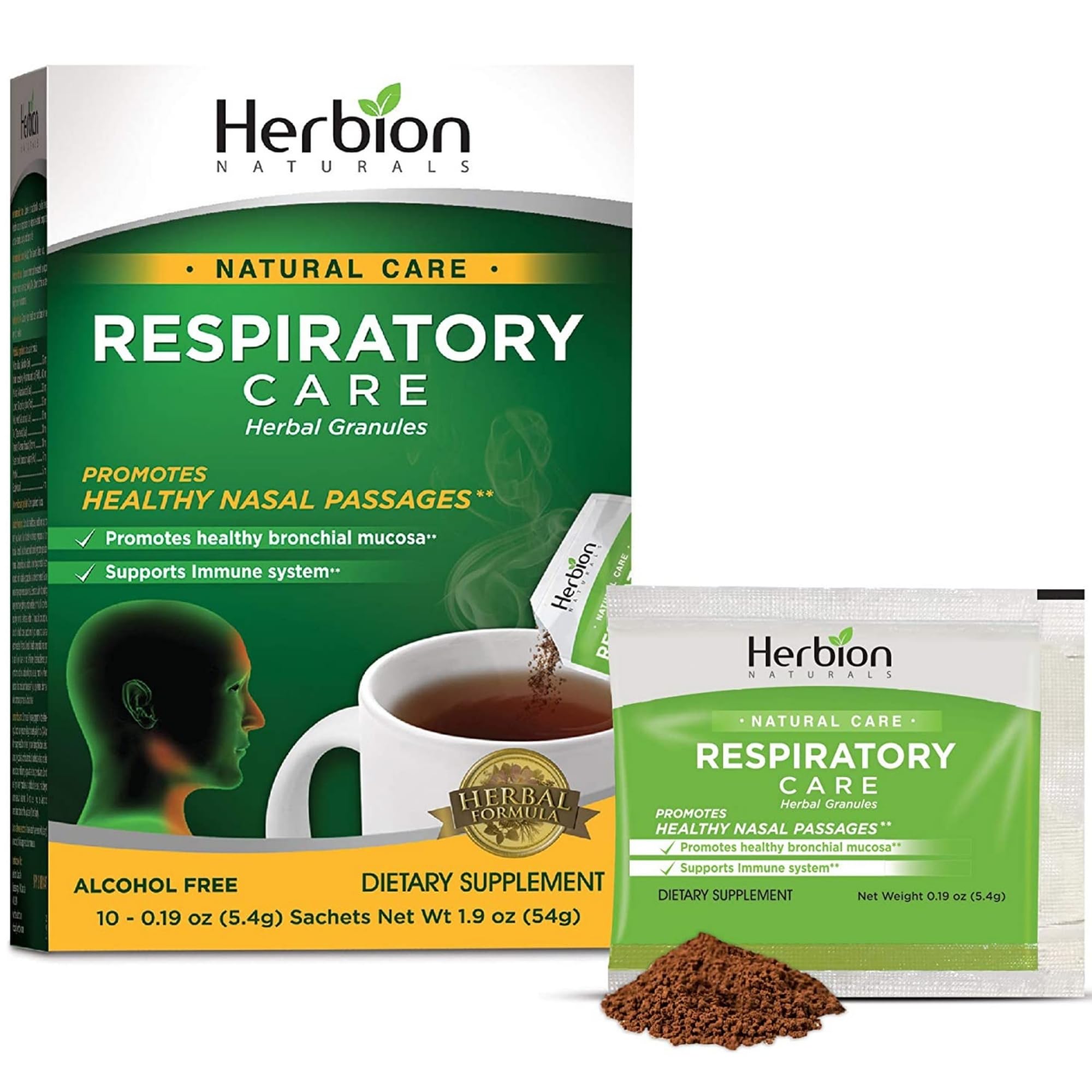 Herbion Respiratory Care Granules packaging displaying natural wellness imagery for daily support