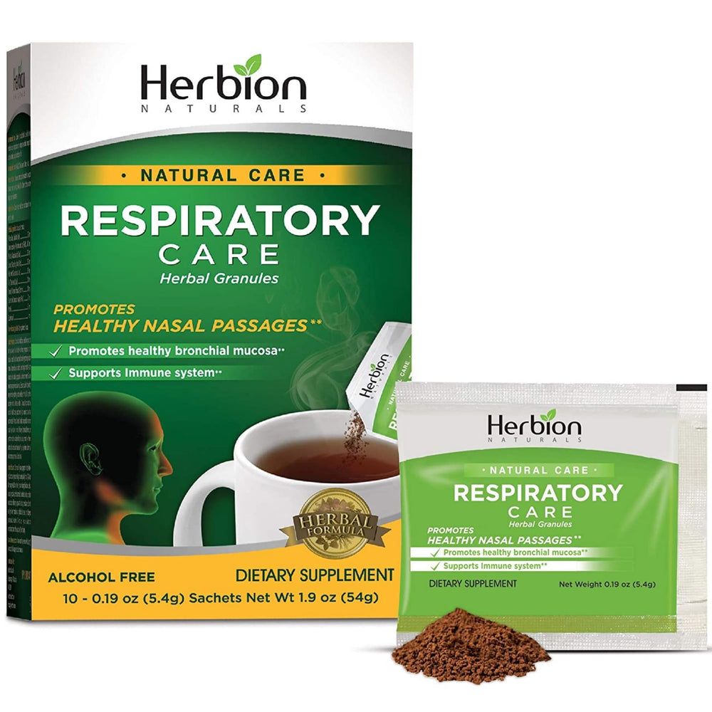 Herbion Respiratory Care Granules packaging displaying natural wellness imagery for daily support
