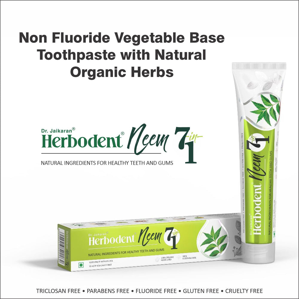 Close-up of Herbodent Neem 7 in 1 toothpaste tube