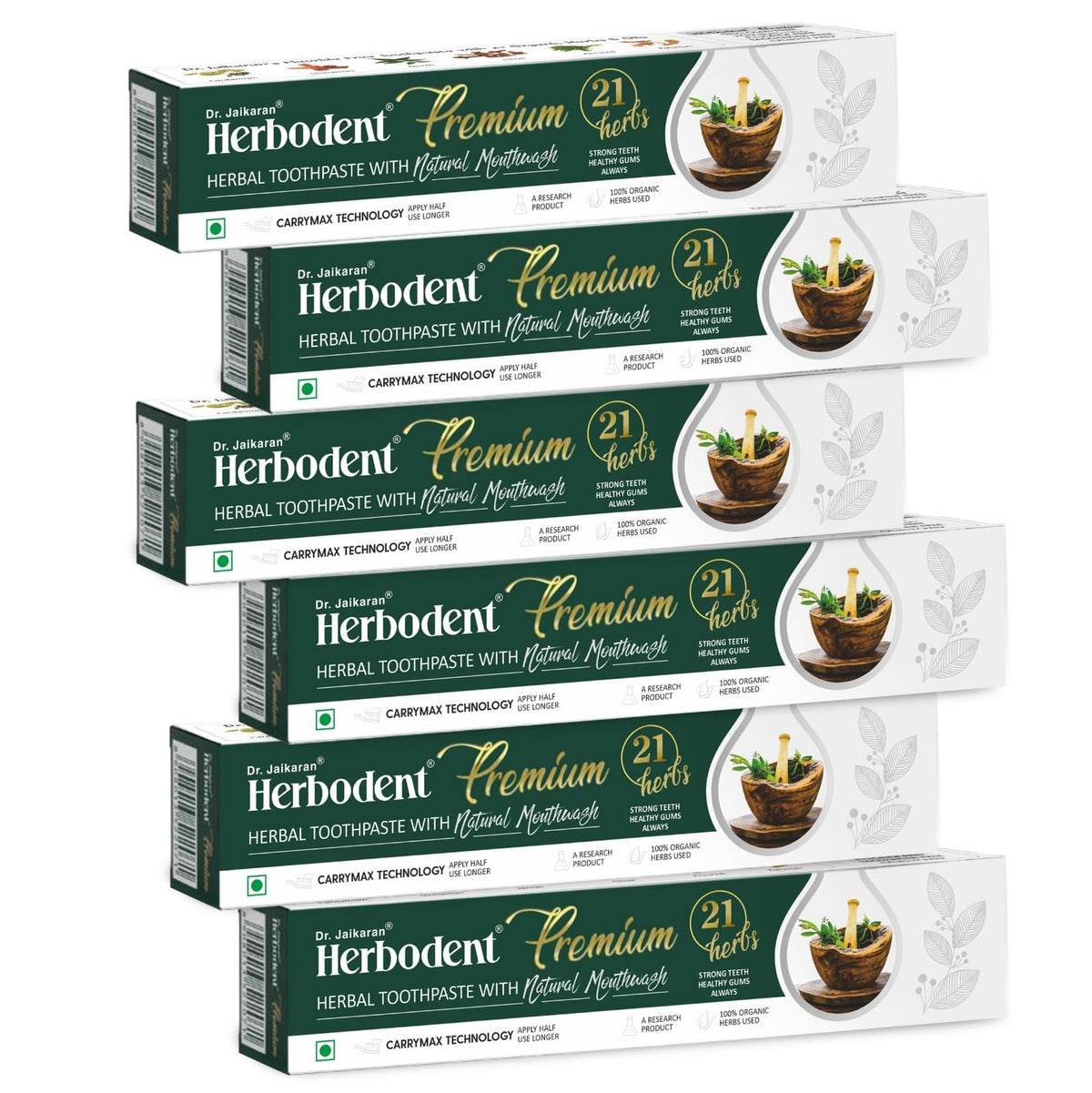 Herbodent Premium Toothpaste 5.82 oz, pack of 6, with 21 organic herbs and natural mouthwash