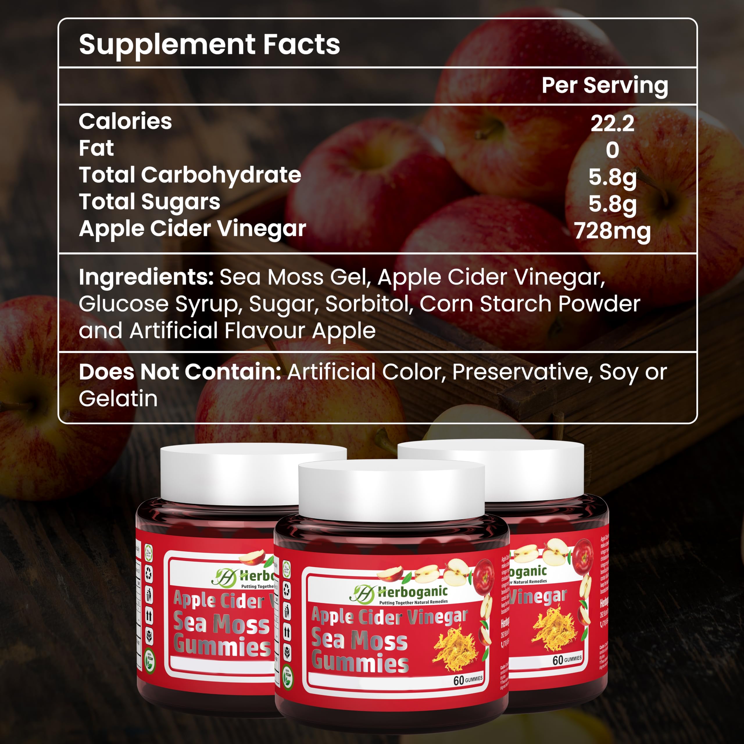 Nutrition facts label for HERBOGANIC Apple Cider Gummies