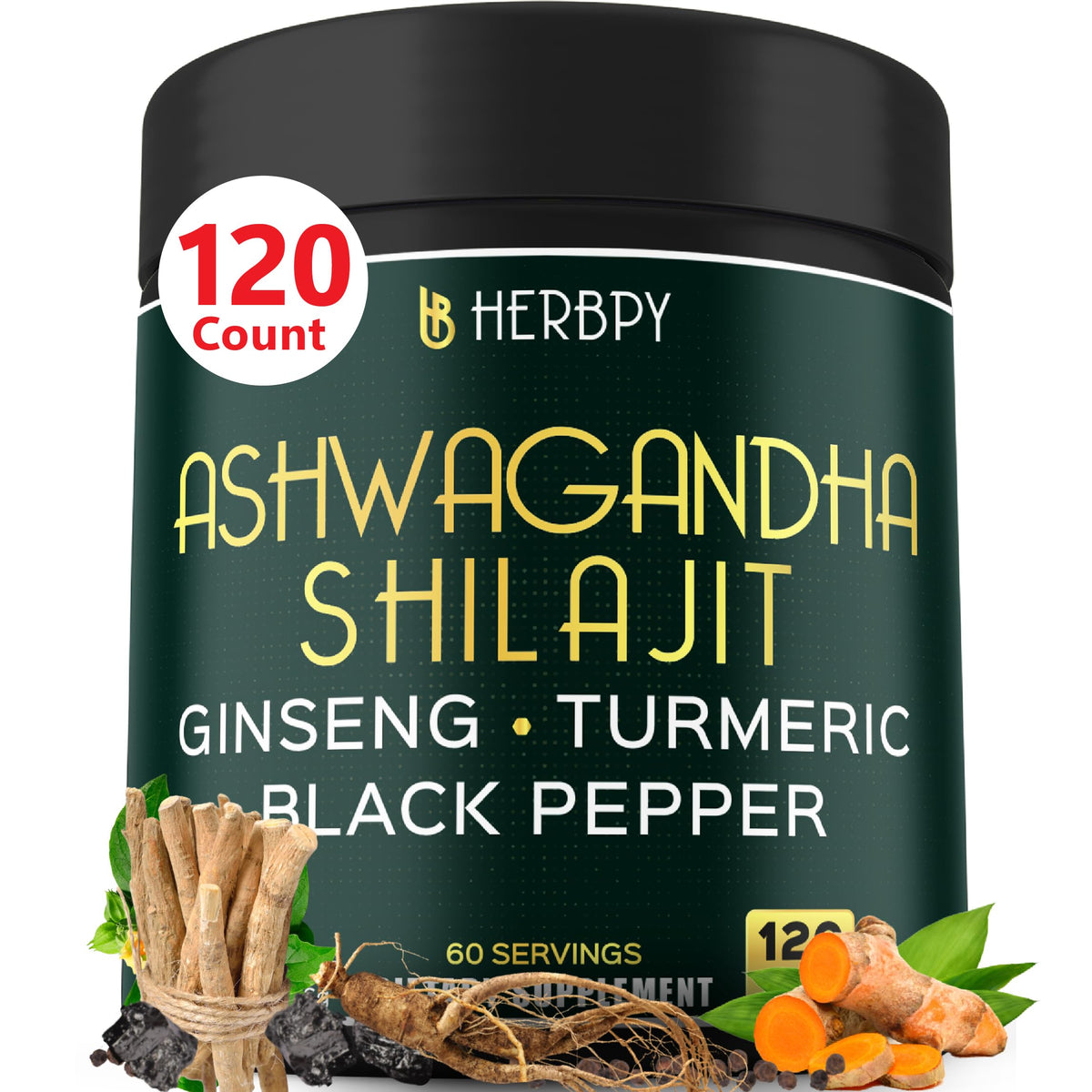Herbpy 5in1 Ashwagandha Shilajit 120-count bottle and packaging