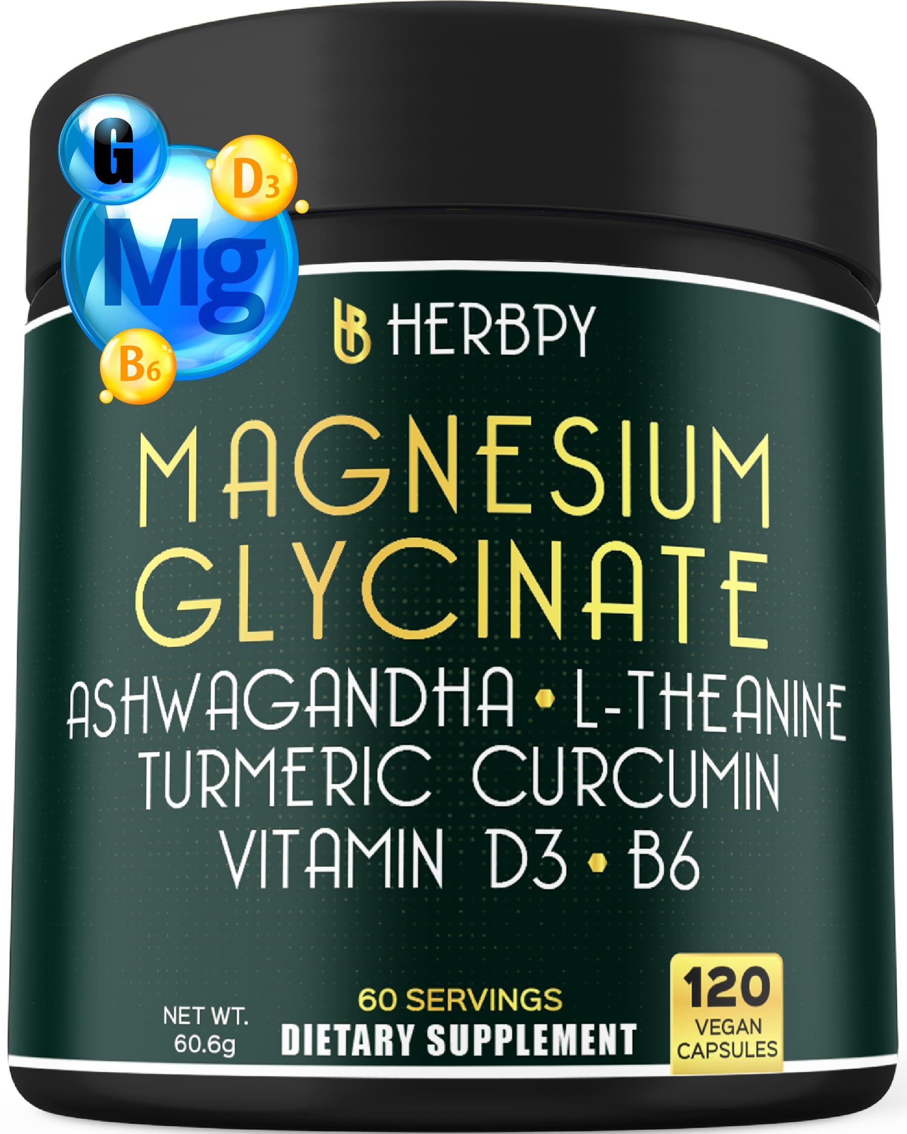 Front view of Herbpy 6in1 Restful Day & Night supplement bottle