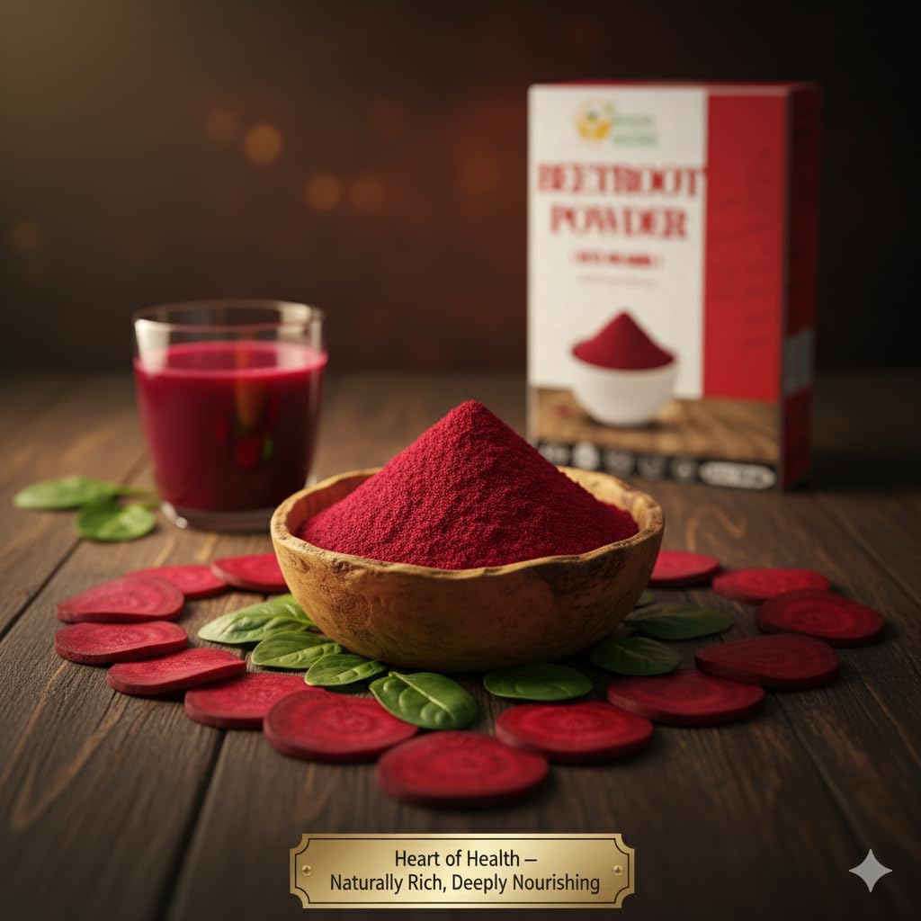 Beetroot powder and ingredients on kitchen counter