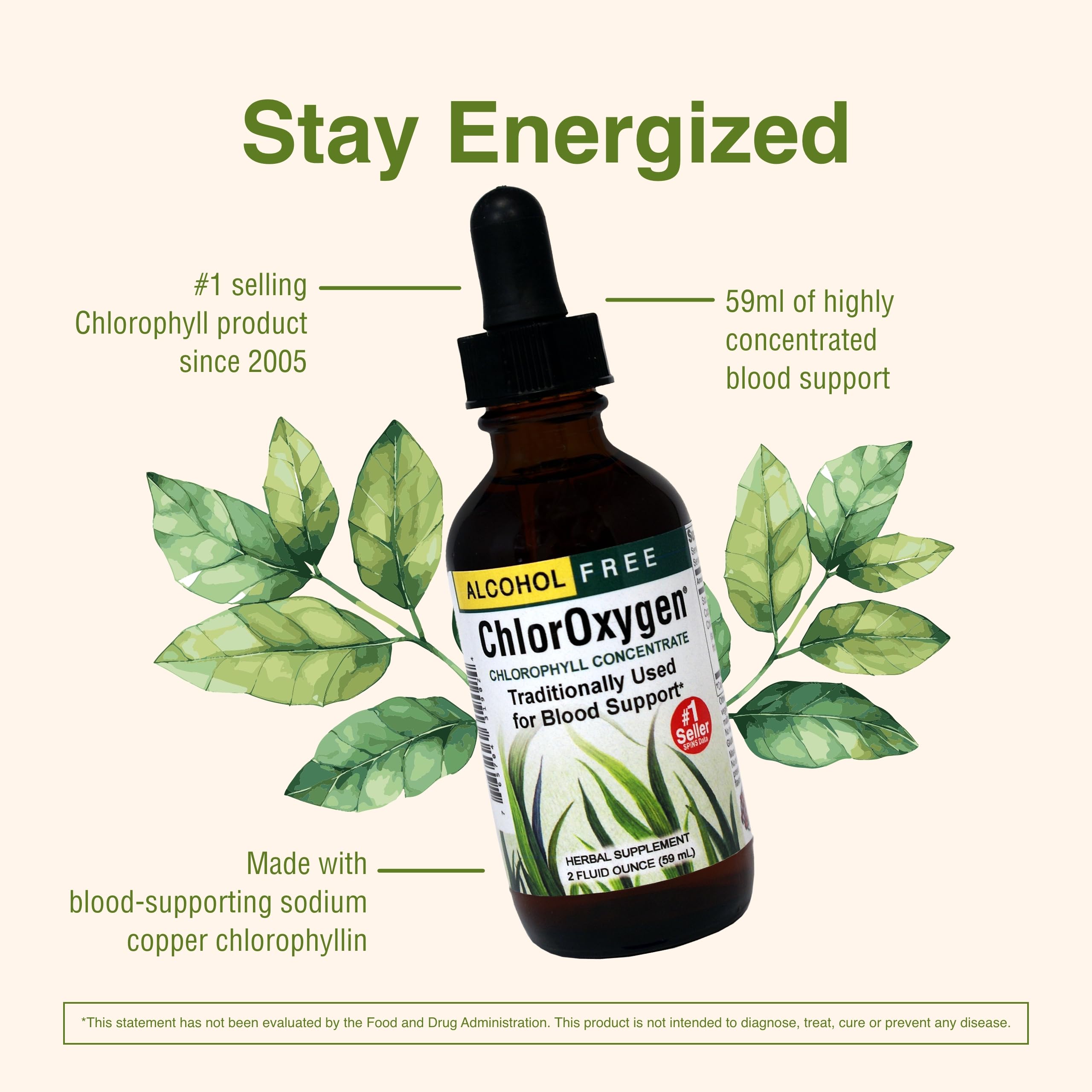 Gluten-free and vegan liquid chlorophyll supplement packaging