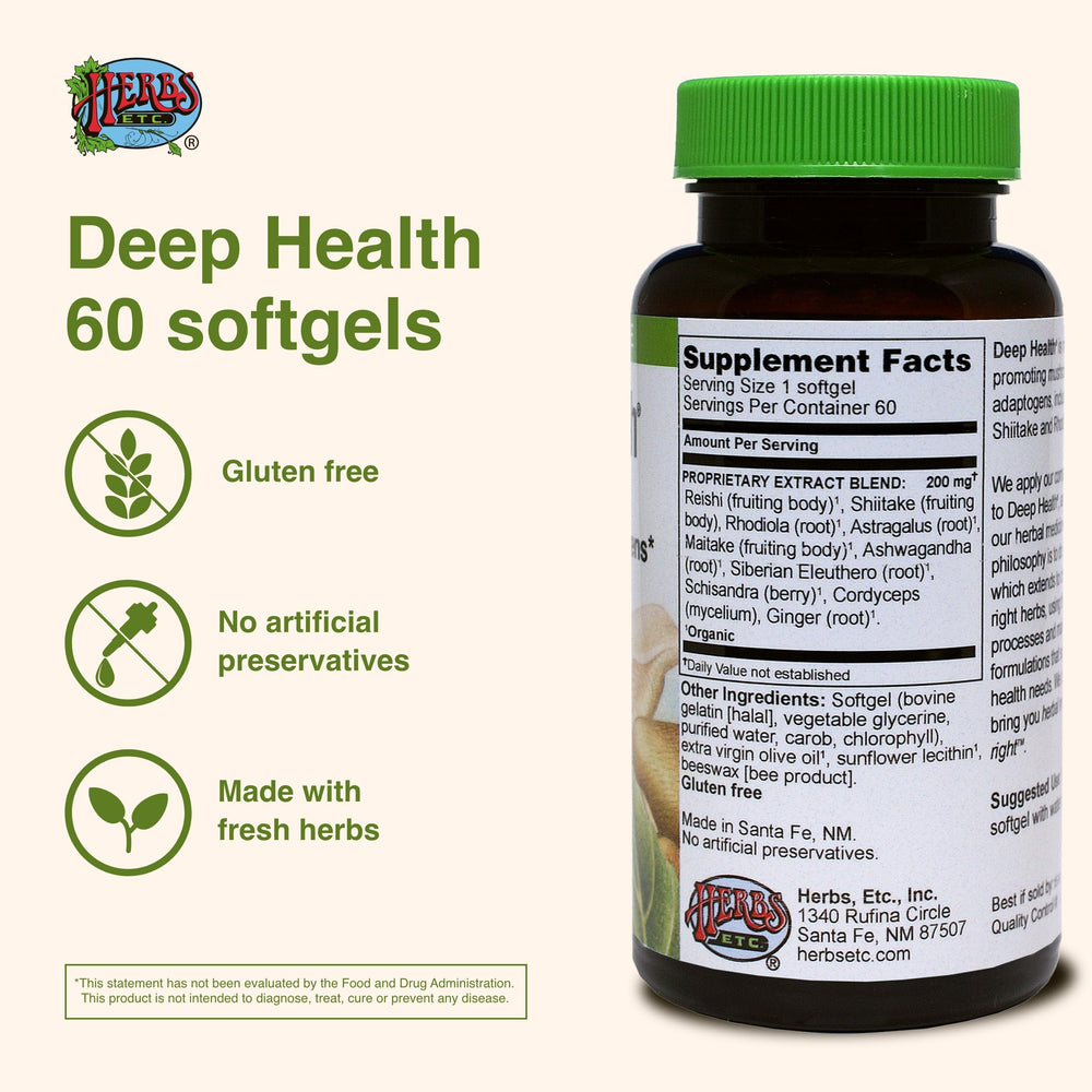 Herbs Etc. Deep Health gluten-free label emphasizing clean herbal supplement