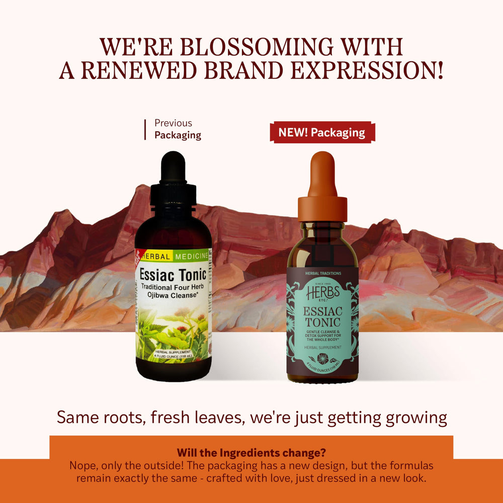 Herbs Etc. Essiac Tonic dropper releasing liquid drops for easy dilution in water.