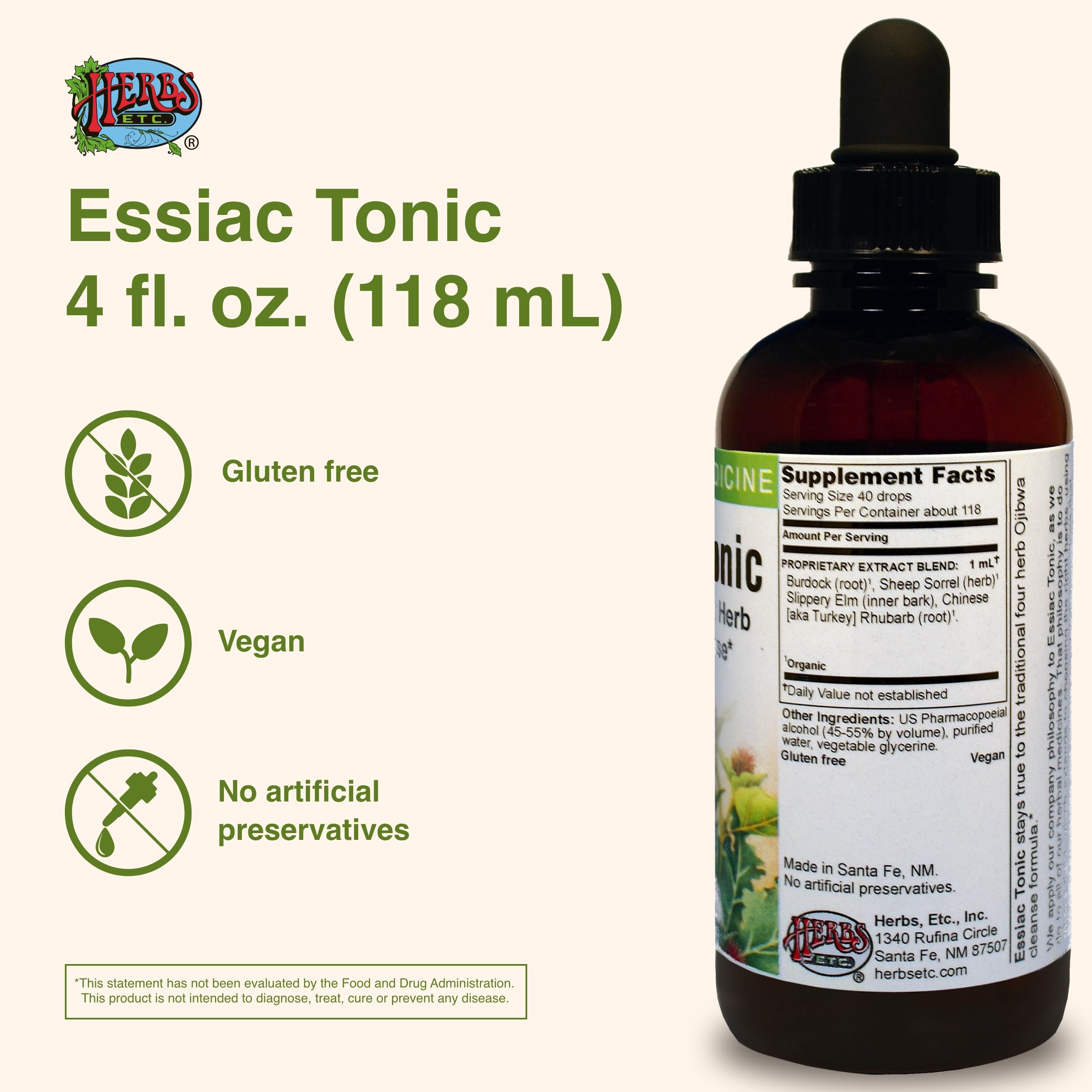 Herbs Etc. Essiac Tonic label highlights traditional Ojibwa cleanse heritage.