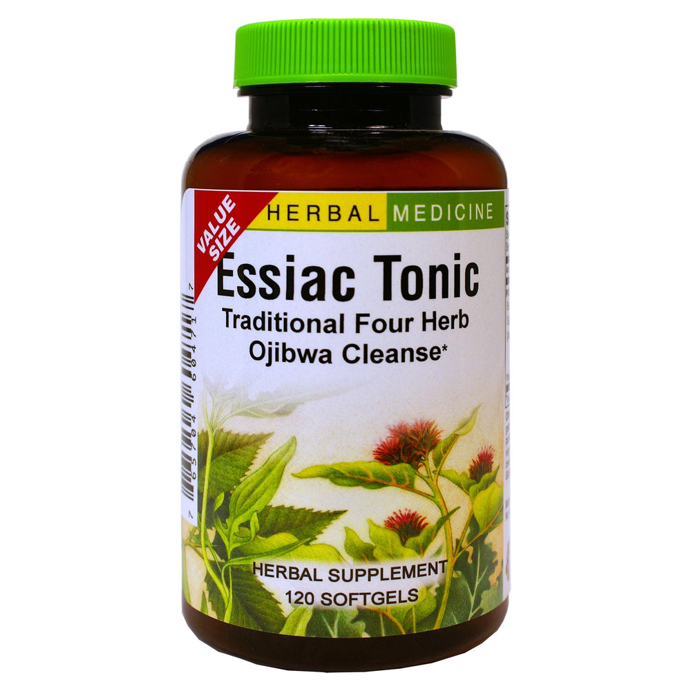 Herbs Etc. Essiac Tonics Softgels bottle close-up highlighting detox support