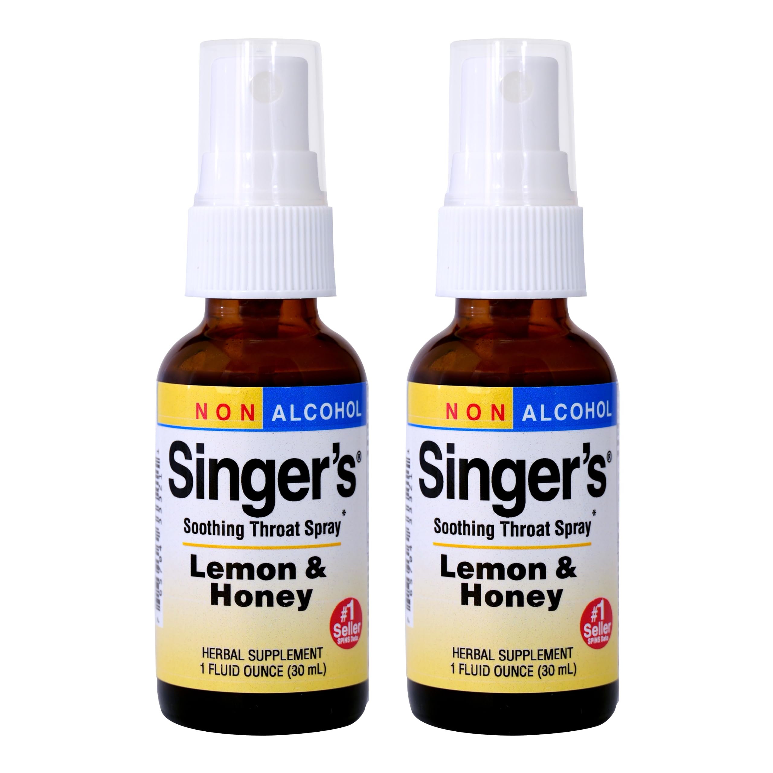 Front view of Herbs Etc. Singer's Saving Grace Lemon & Honey throat spray bottle, 1 oz, 2-pack