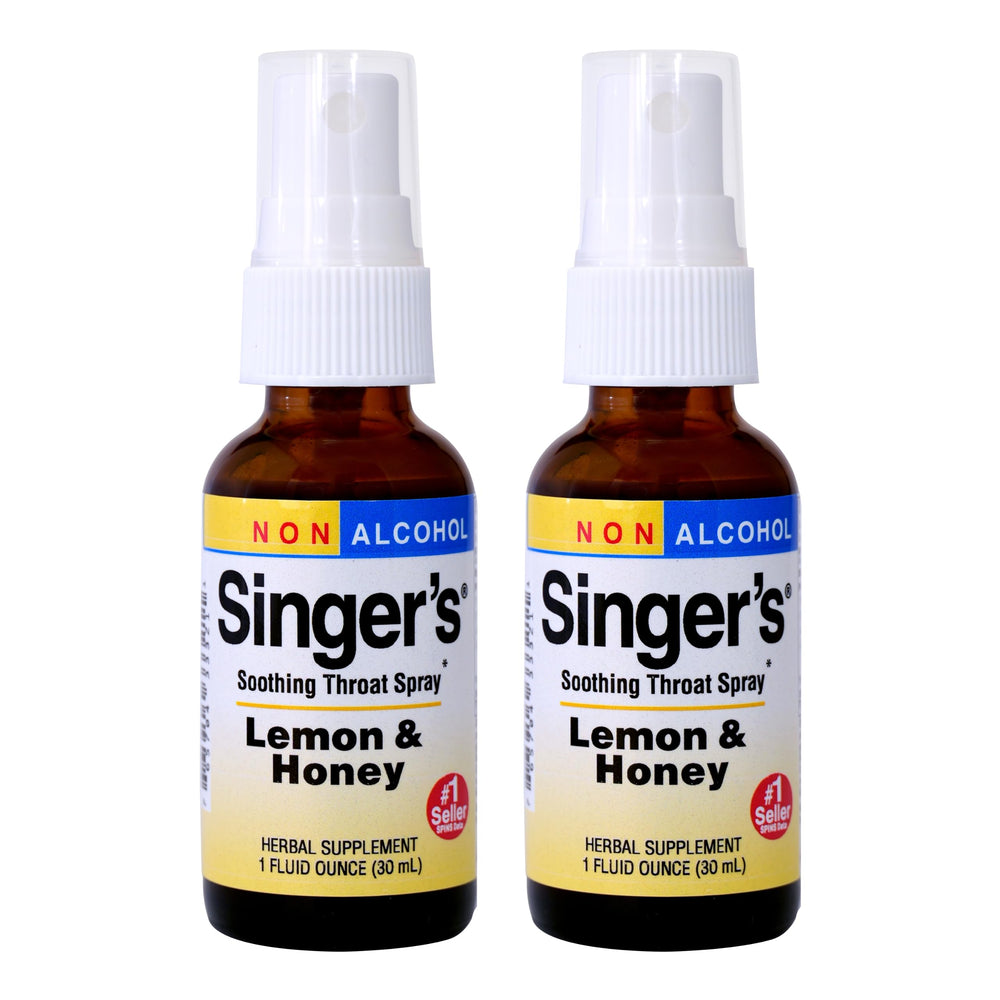 Front view of Herbs Etc. Singer's Saving Grace Lemon & Honey throat spray bottle, 1 oz, 2-pack