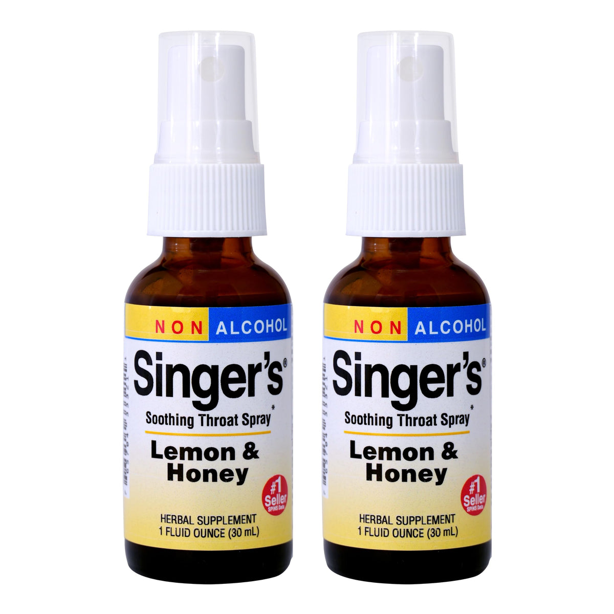 Front view of Herbs Etc. Singer's Saving Grace Lemon & Honey throat spray bottle, 1 oz, 2-pack