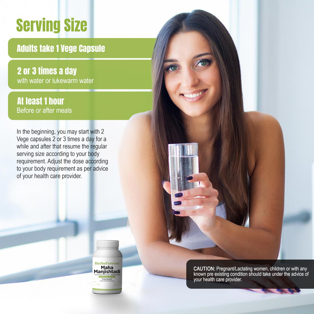 Herbsforever Manjishtadi Kwath bottle close-up shows high-potency capsules for skin balance