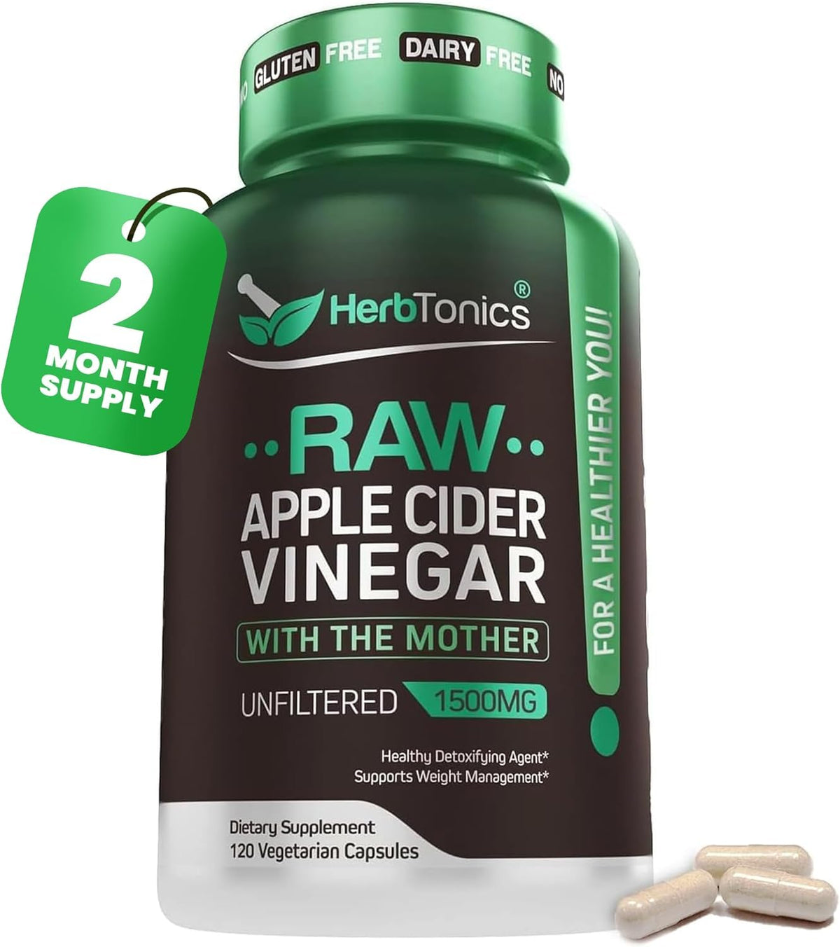 Herbtonics Raw Apple Cider Vinegar Capsules 1500mg bottle with Mother label