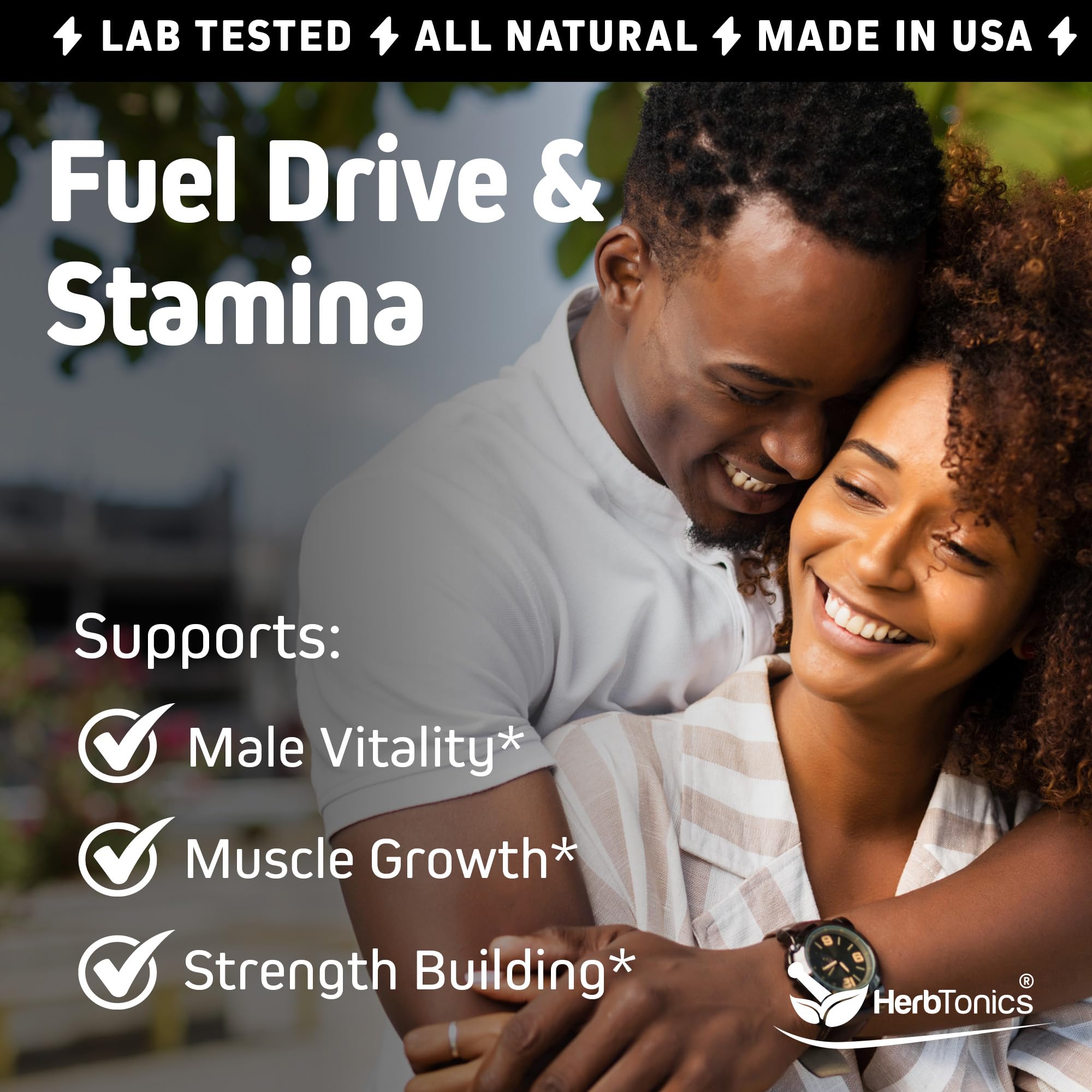 Herbtonics testosterone support bottle back with usage details.