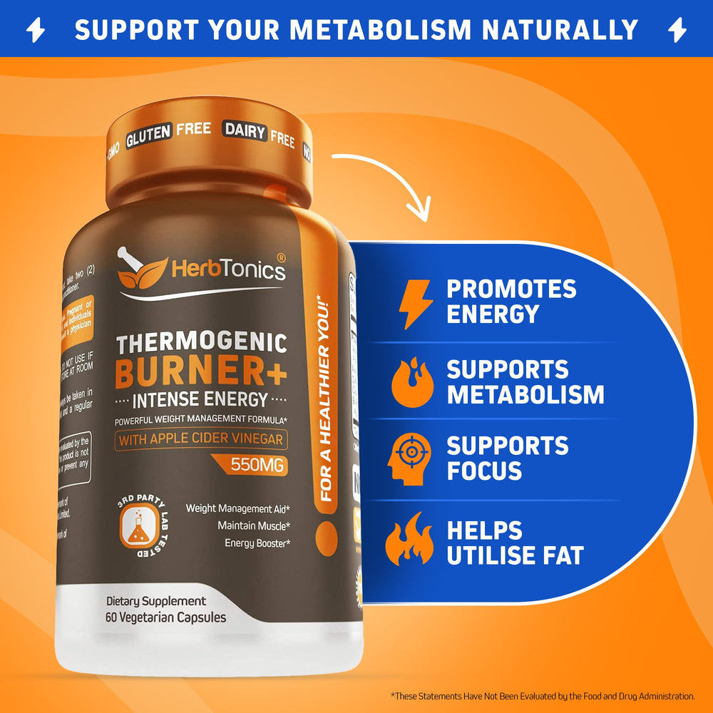 Herbtonics Thermogenic Burner label detail highlights EGCG and cayenne for thermogenic support.