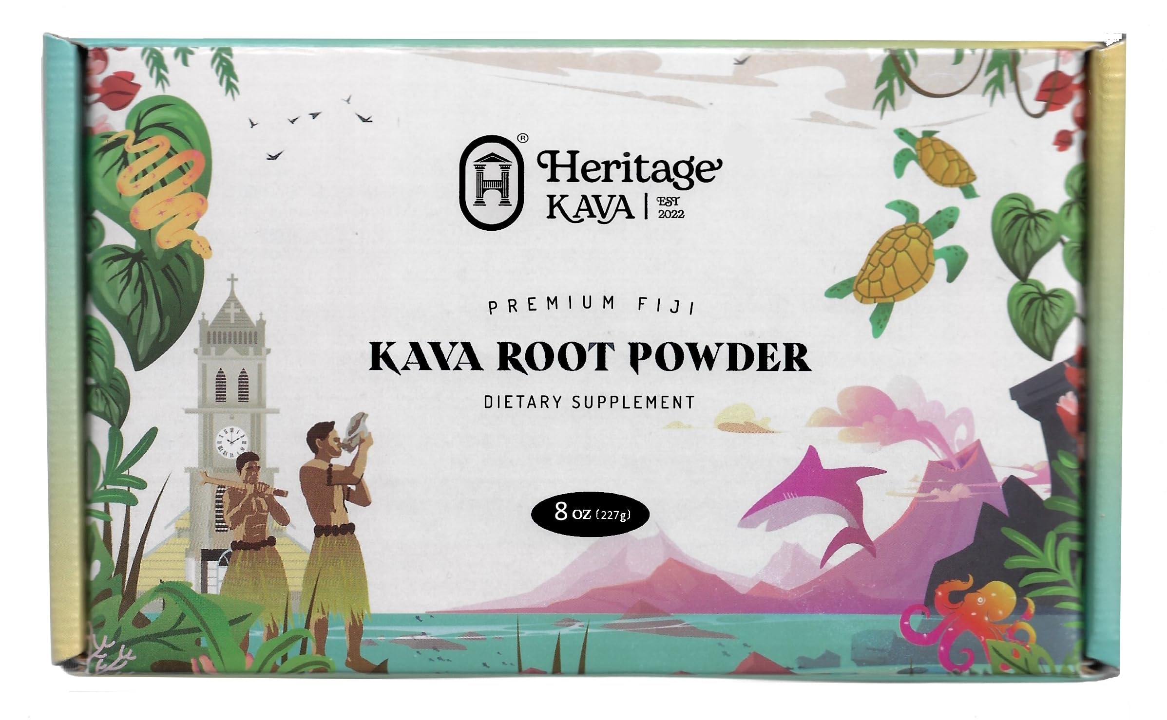Front label of Heritage Kava Premium Fiji Noble Kava Root Powder 8 oz