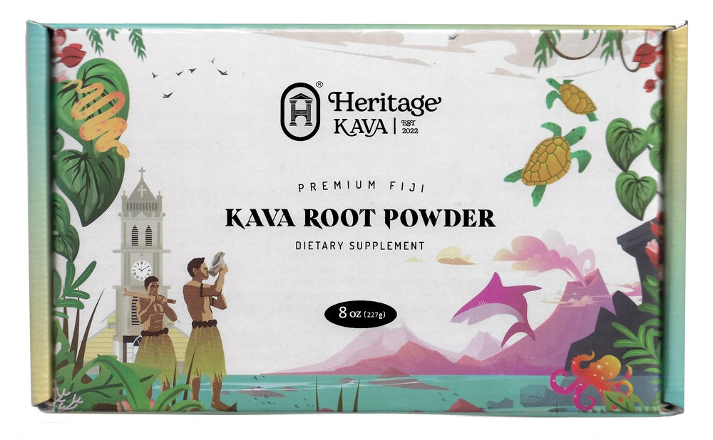 Front label of Heritage Kava Premium Fiji Noble Kava Root Powder 8 oz