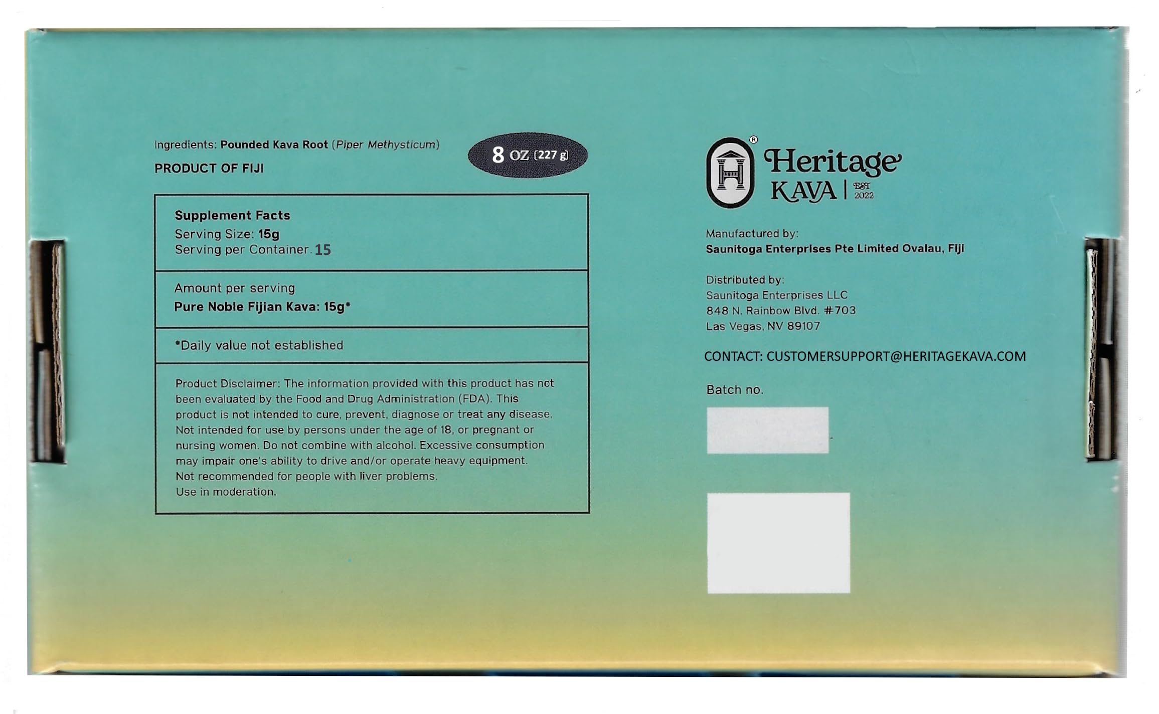 Vacuum-sealed packaging of Heritage Kava root powder