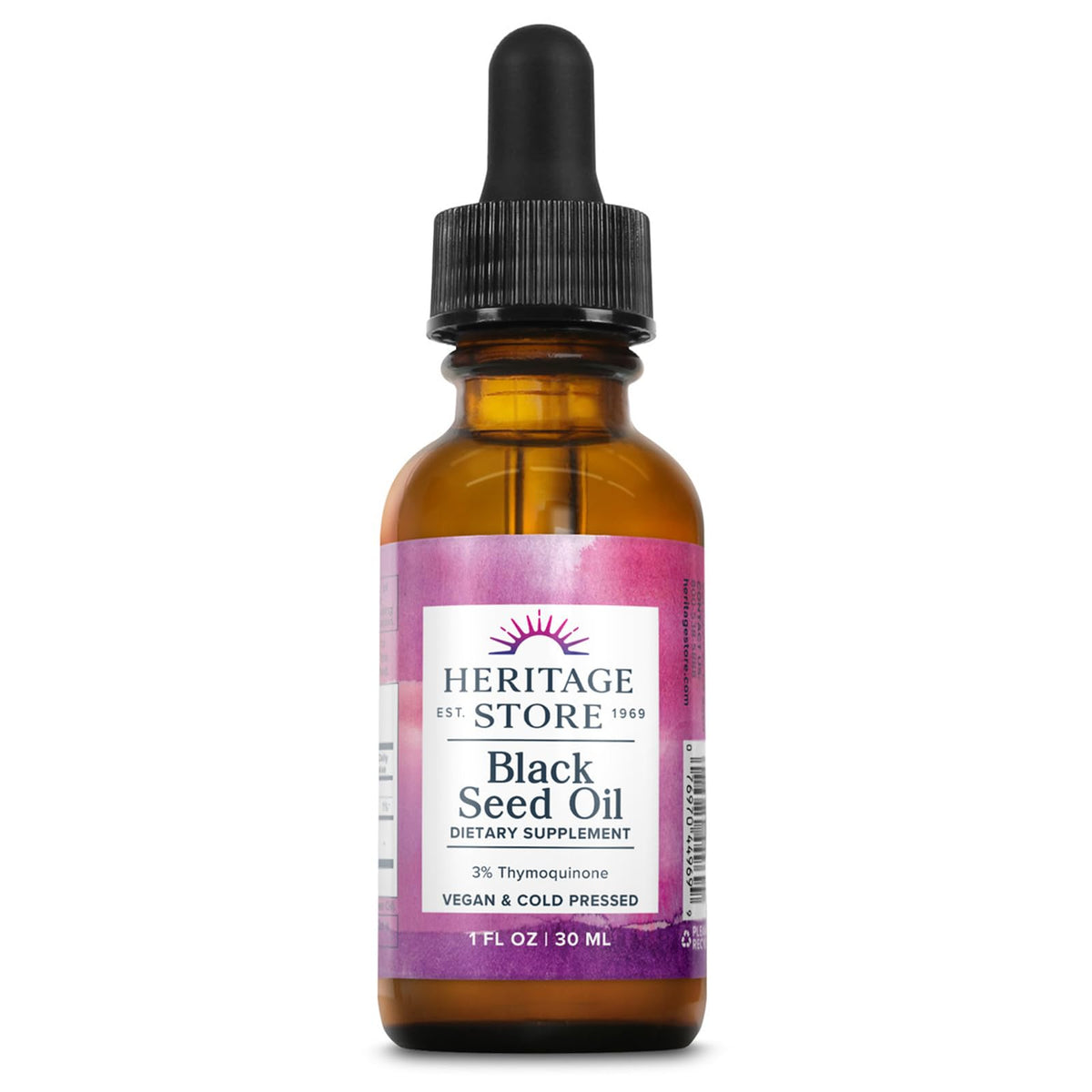 Front view of Heritage Store Black Seed Oil bottle with 3% Thymoquinone, 1 oz