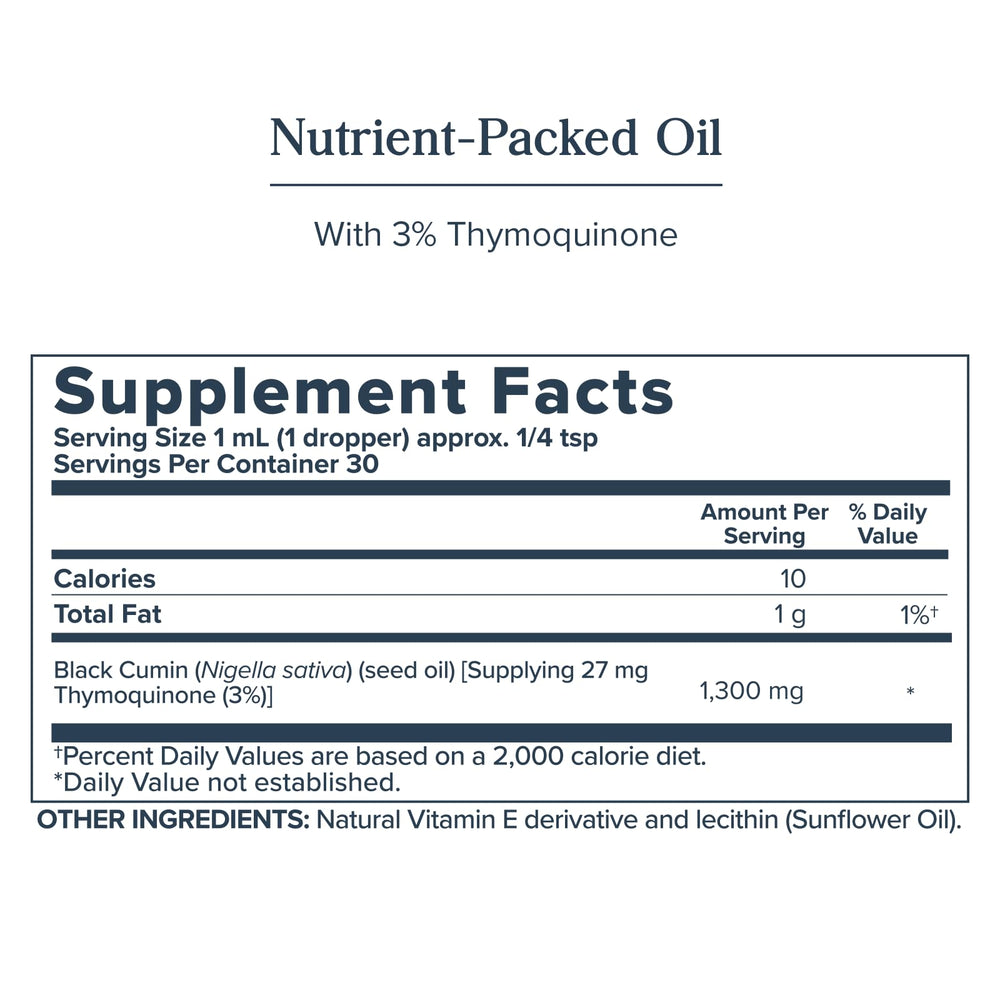 Close-up label showing 3% Thymoquinone on Heritage Store Black Seed Oil
