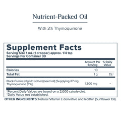 Close-up label showing 3% Thymoquinone on Heritage Store Black Seed Oil