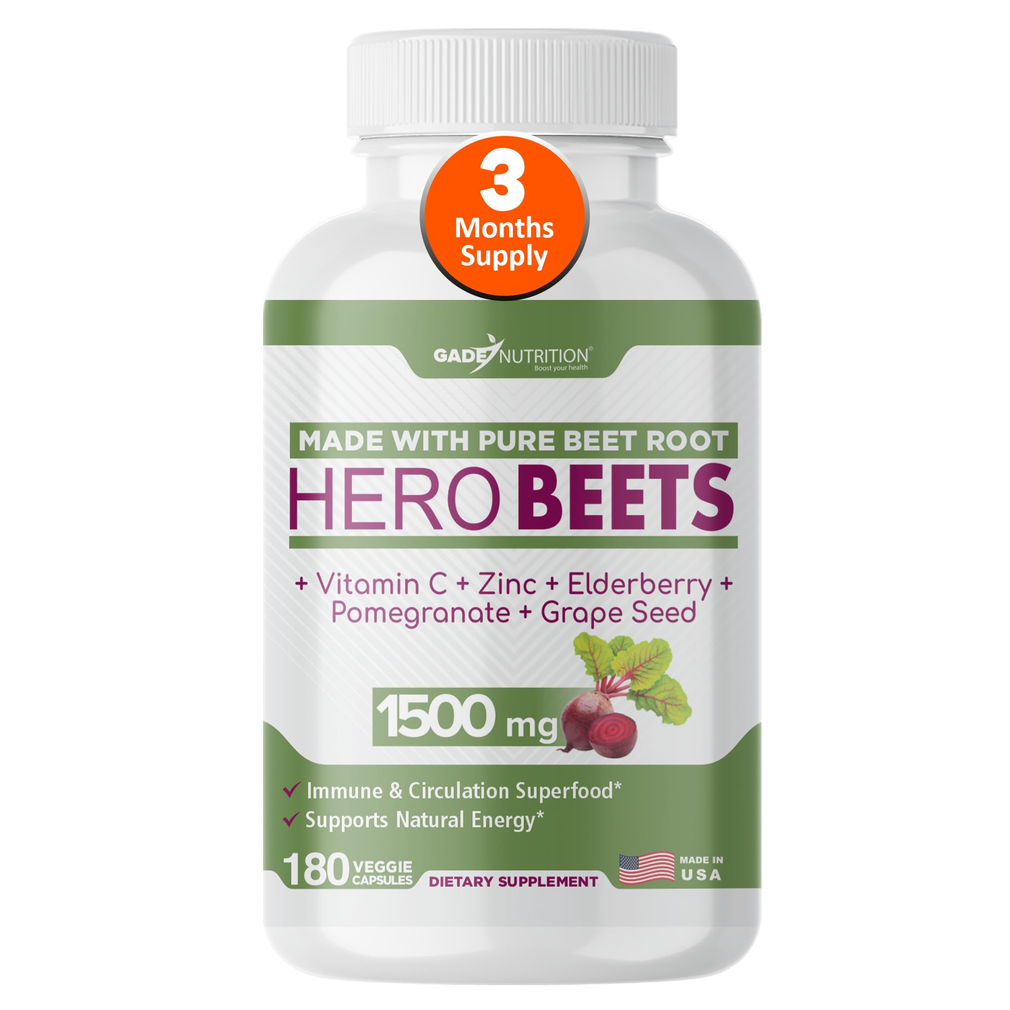 Gade Nutrition Hero Beets bottle front showing 1500 mg beet root capsules