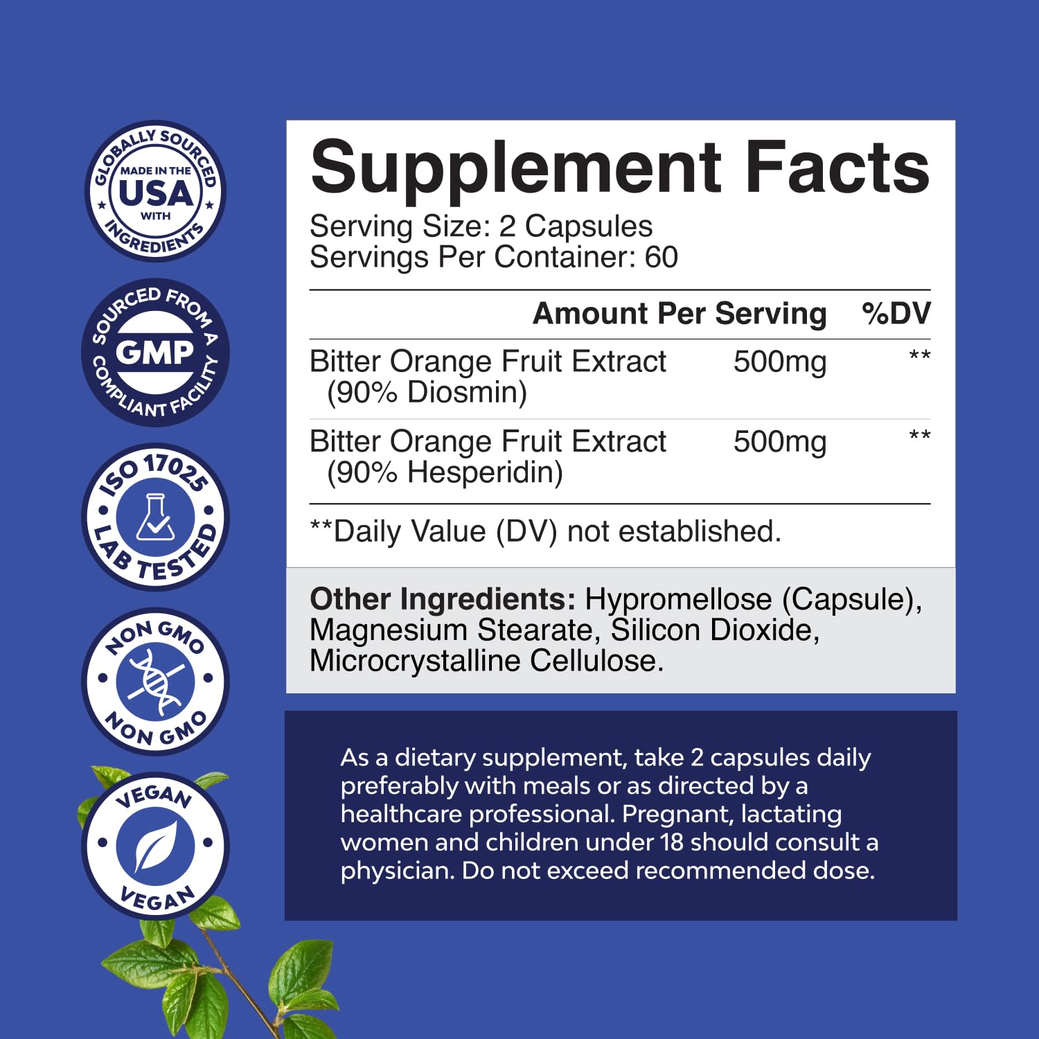 Capsules showing Diosmin Hesperidin 1000mg 2-capsule serving