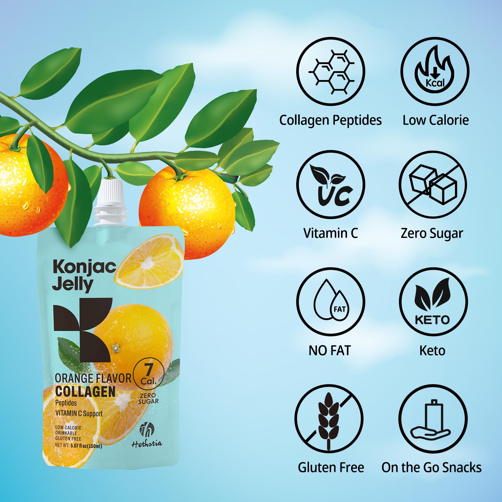 Close-up of single squeeze pouch with orange konjac jelly