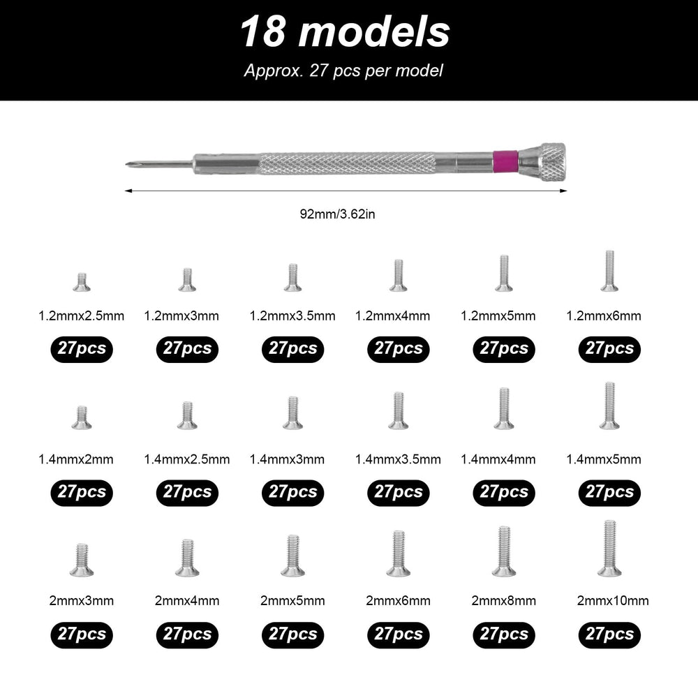 Close-up of M1.2 x 2.5mm eyeglass screws
