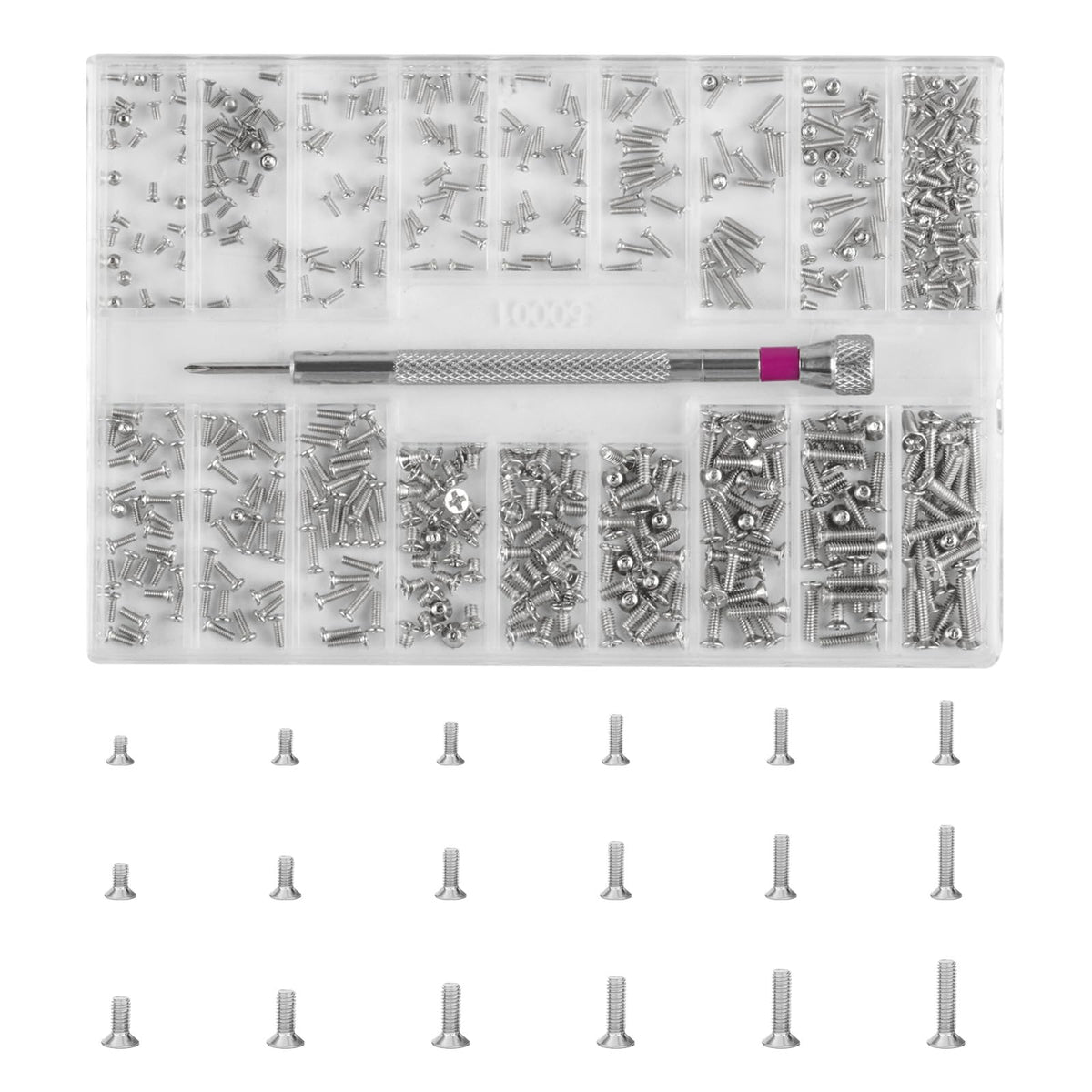 Overview of HexinYigjly 500-pack micro screws in a compact storage box