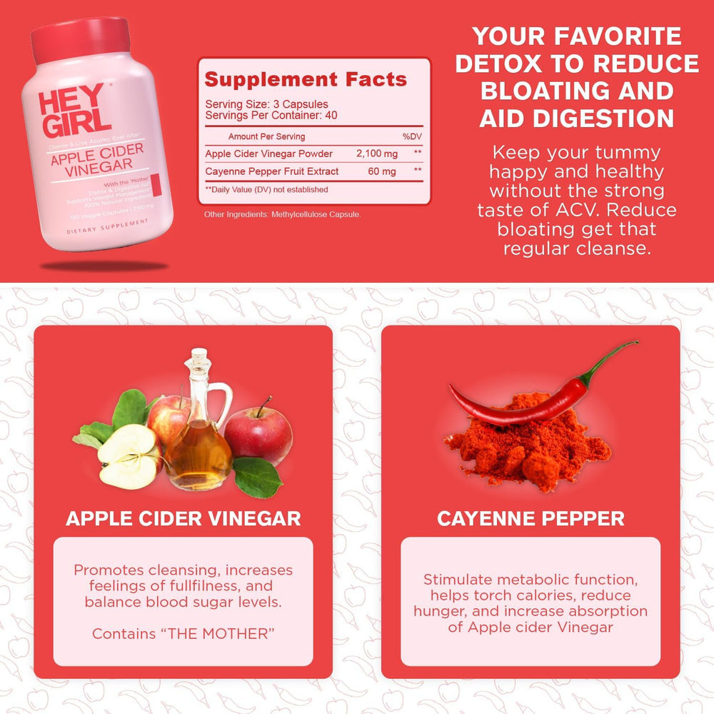 Hey Girl Nutrition ACV capsules label close-up highlighting The Mother for purity and quality.