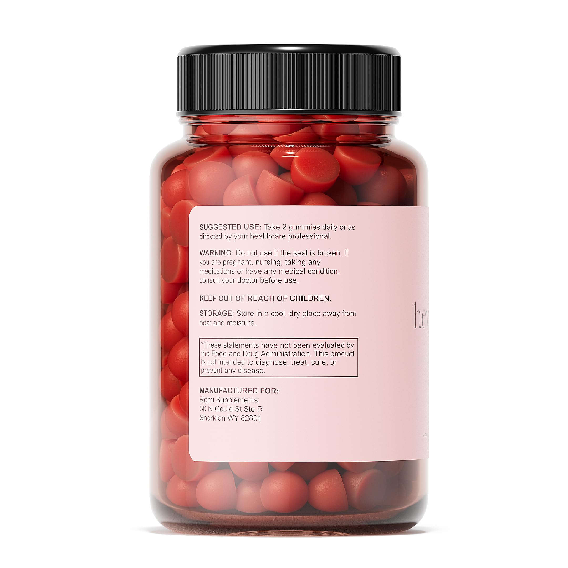 heyremi open bottle revealing 60 gummies and easy storage convenience