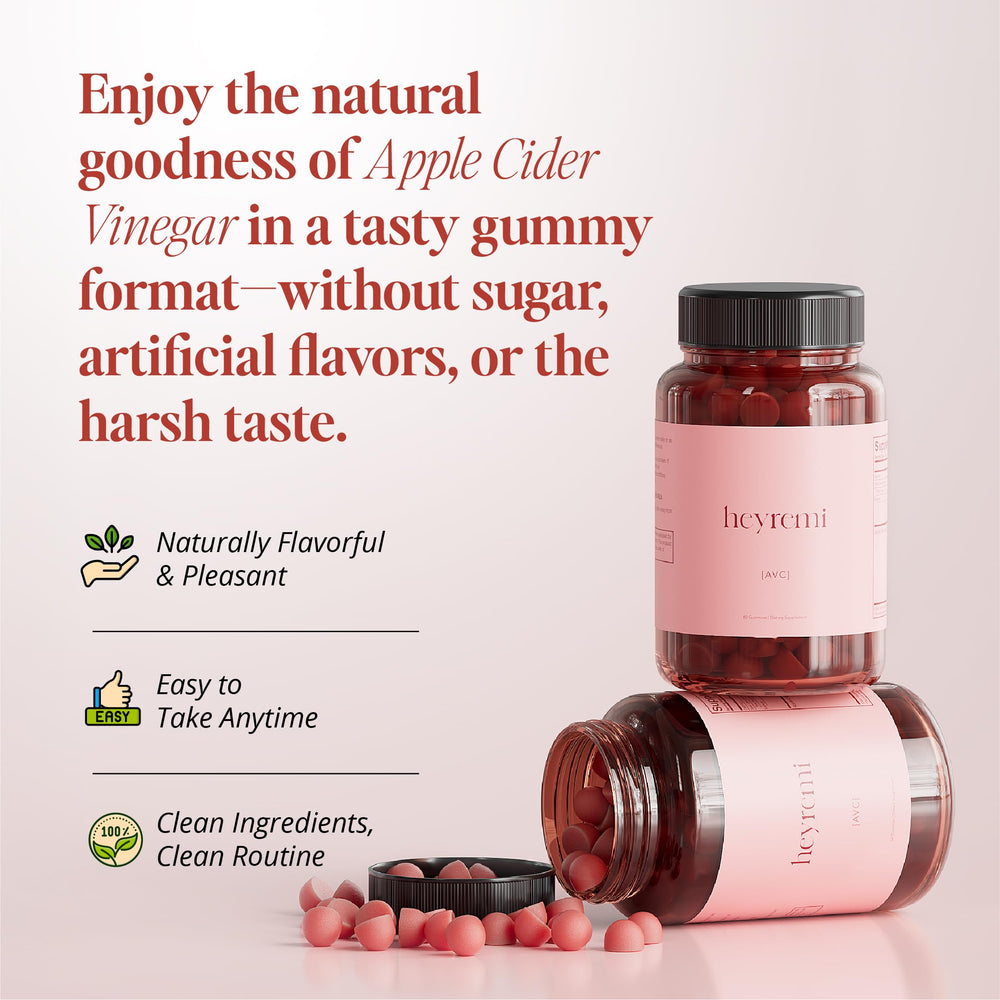 Heyremi Apple Cider Vinegar Gummies label highlighting vegan non-GMO gluten-free
