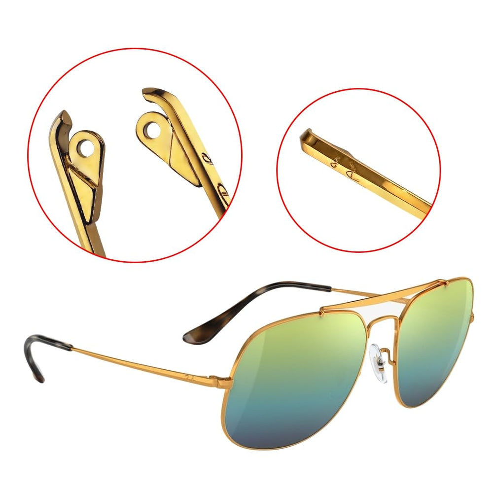 Close-up of gold and black temple arms for Ray-Ban sunglasses