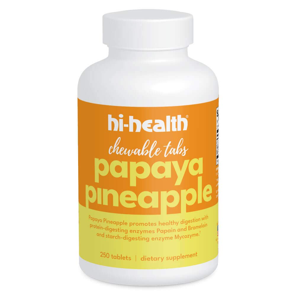 Hi-Health Papaya Pineapple Chewable Tabs bottle label with 250 tablets