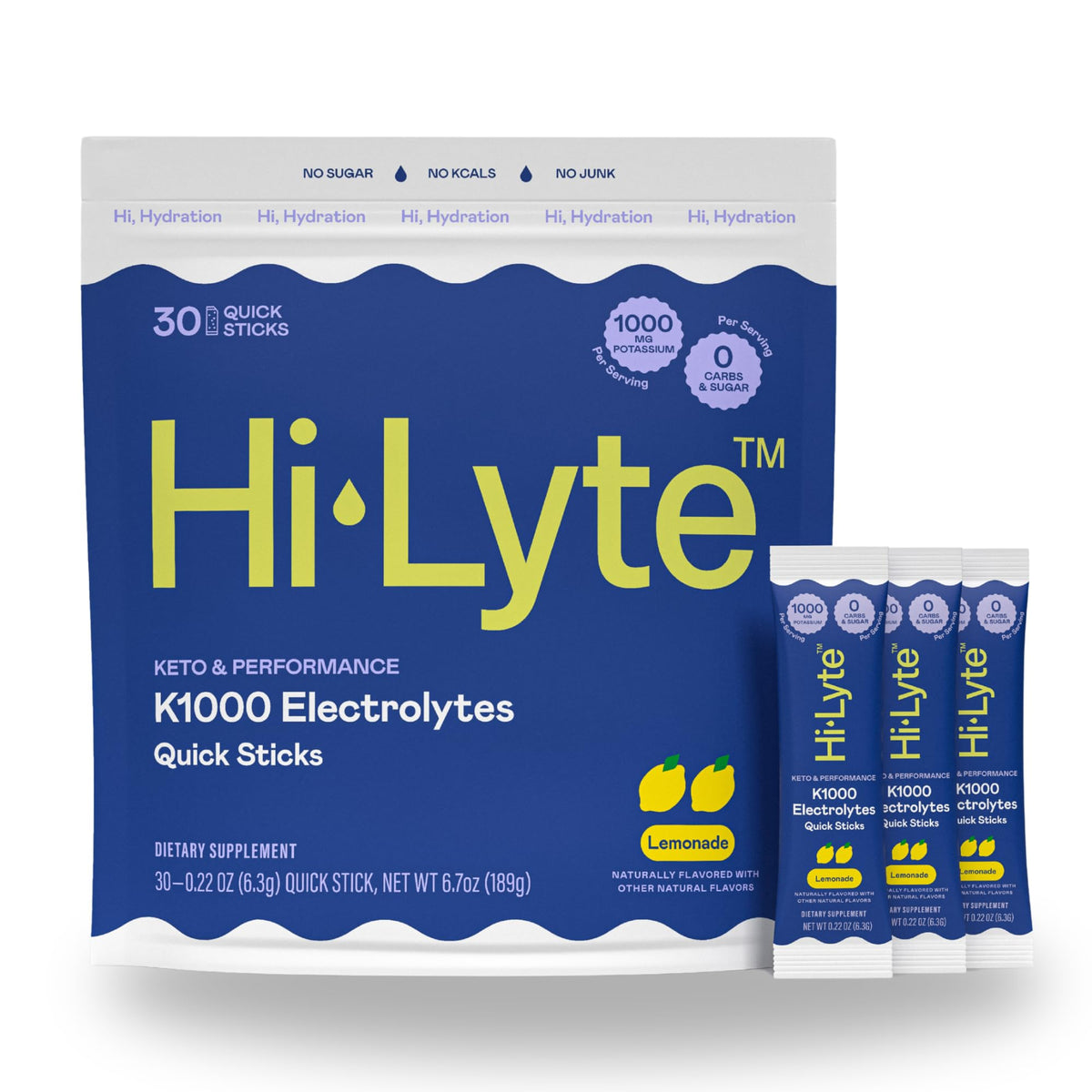 Hi-Lyte K1000 Quick Stix lemonade-packet for convenient on-the-go hydration.